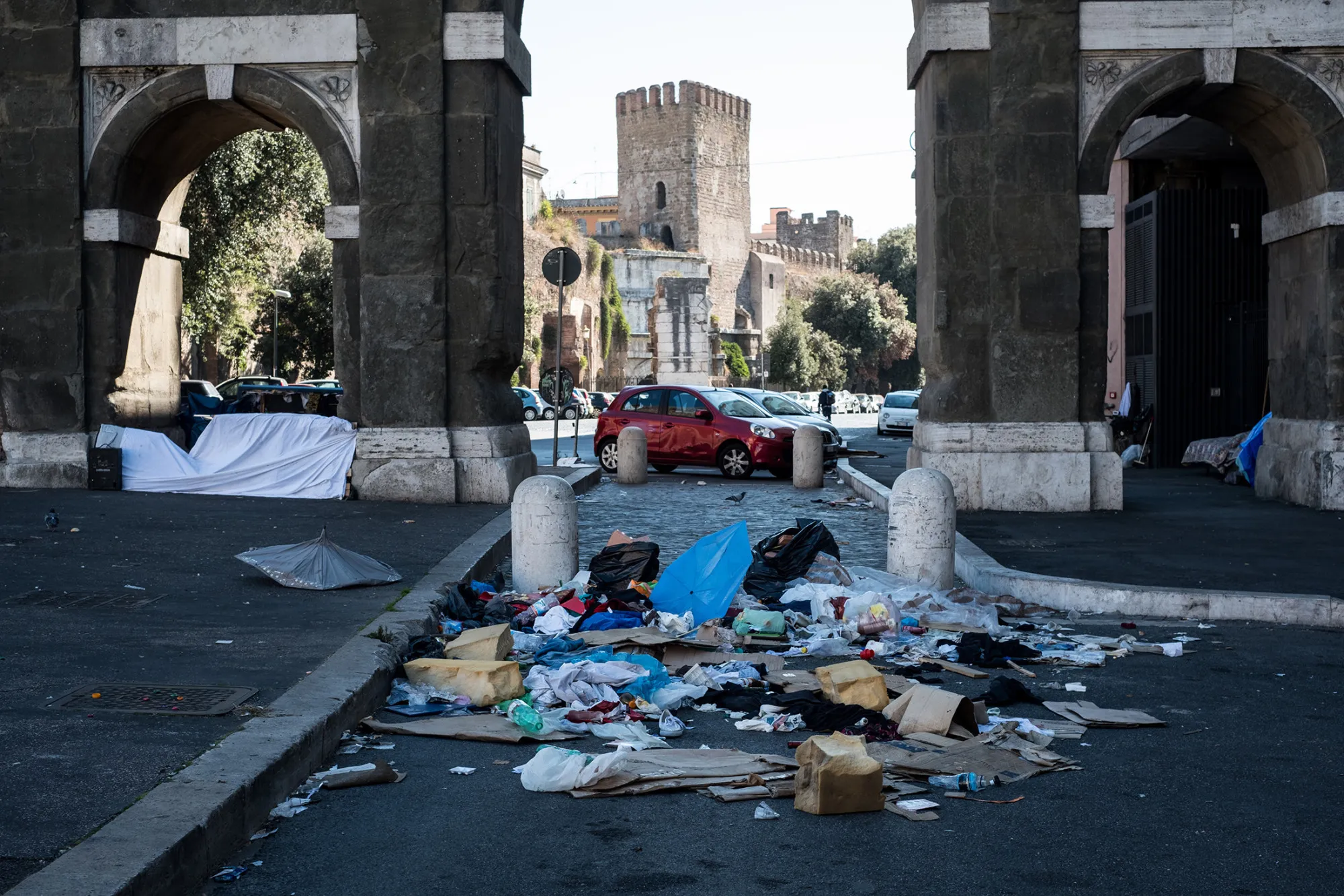 Piles of trash left in Piazzale Sisto V, around the corner from Termini station, the main train hub of Rome, on Oct. 15, 2017.