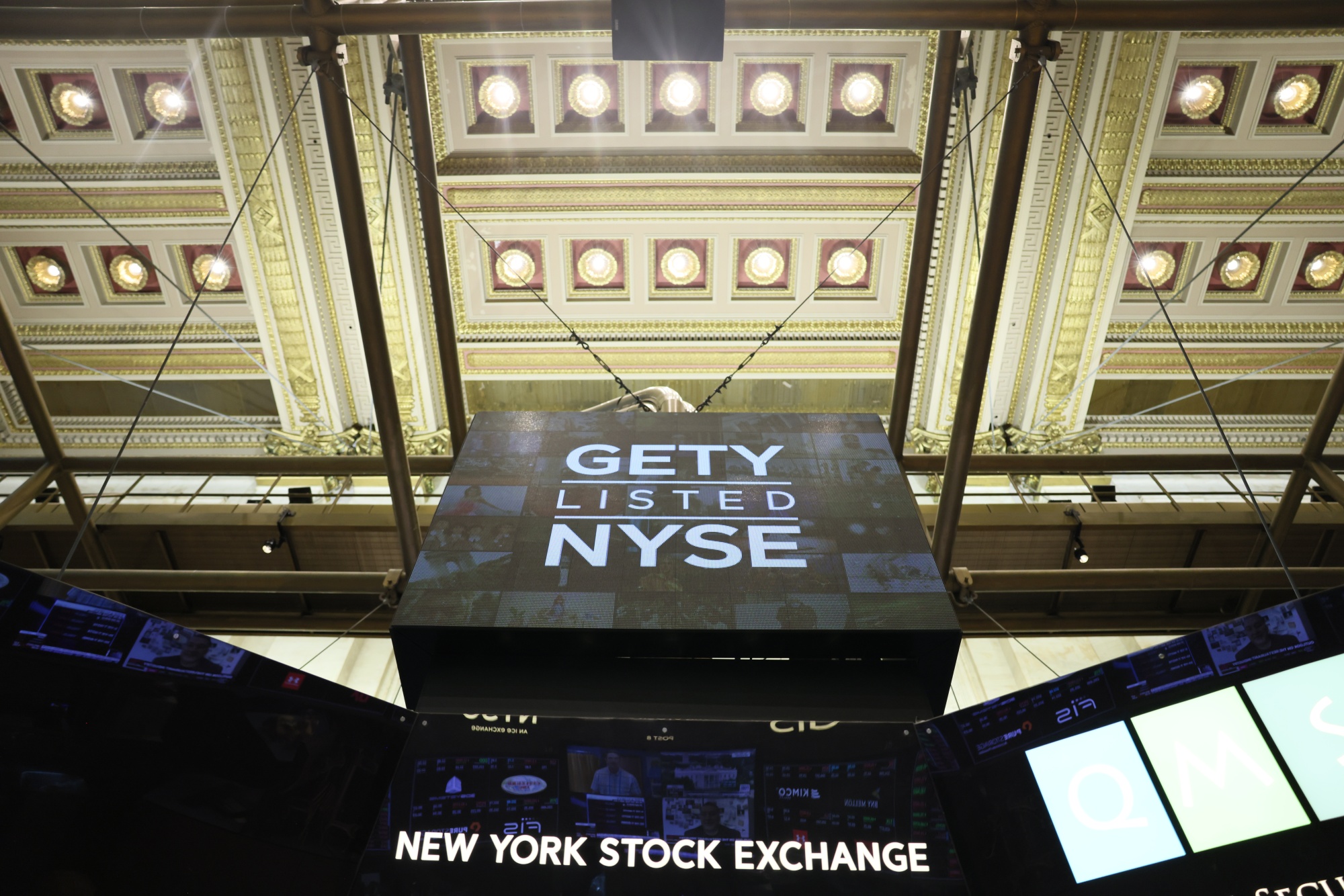 Getty Images signage is on the floor of the New York Stock Exchange.