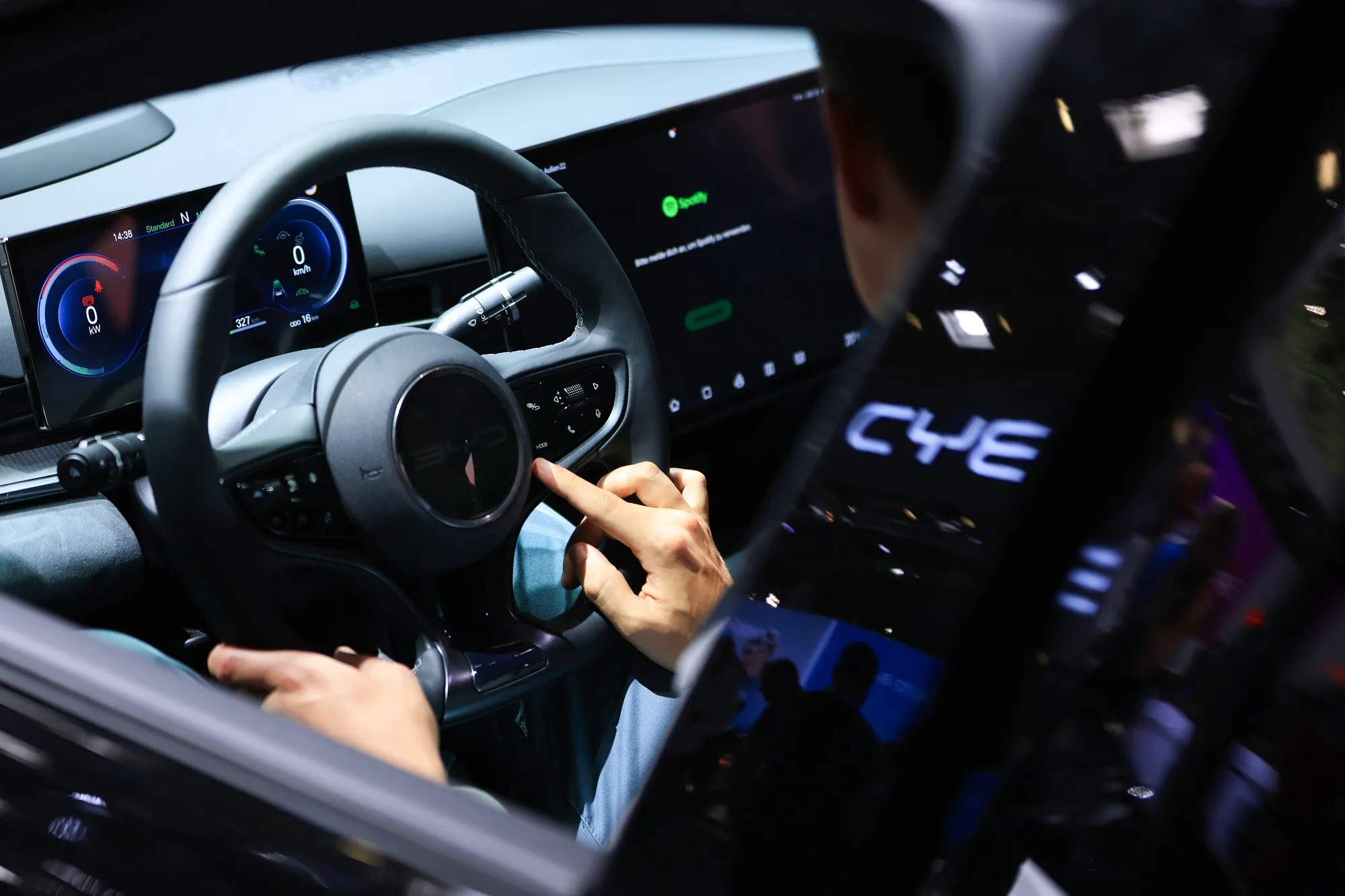 The steering wheel and dashboard of a BYD Co. Seal electric sedan on day at the Munich Motor Show (IAA) in 2023.