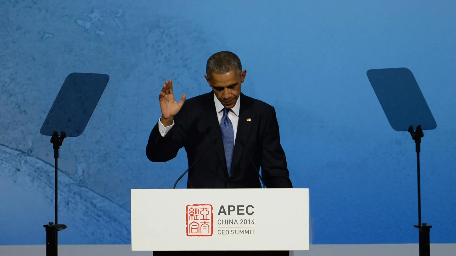 US President Barack Obama speaks at the APEC CEO Summit, as part of the Asia-Pacific Economic Cooperation (APEC) Summit at the China National Convention Centre (CNCC) on November 10, 2014 in Beijing, China.
