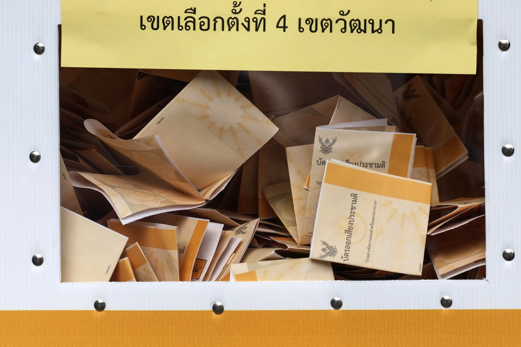 Ballots at a polling station during Thailand's general election in Bangkok on Feb. 8.