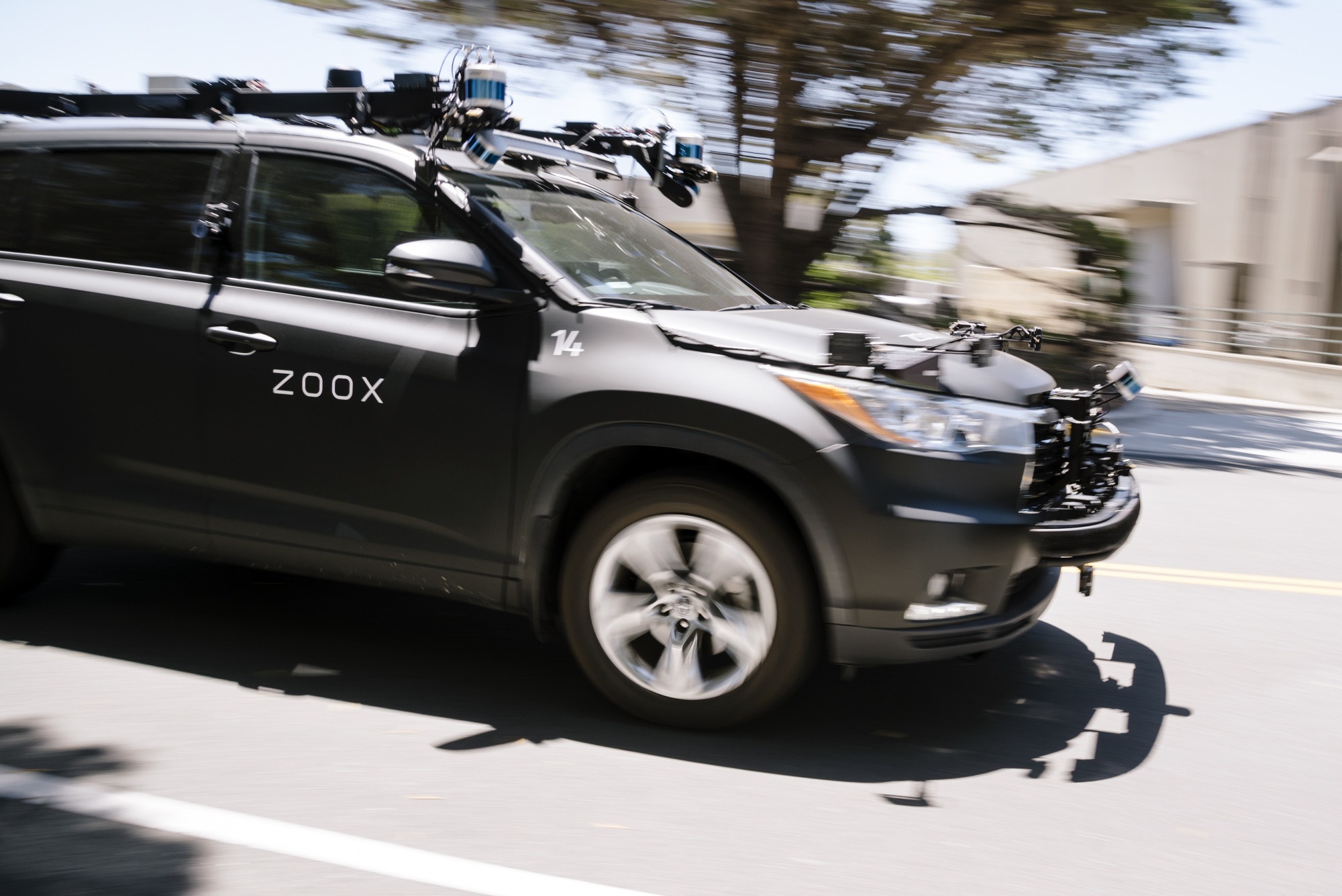 A Zoox self-driving car is operated outside the company's headquarters in Foster City, California.