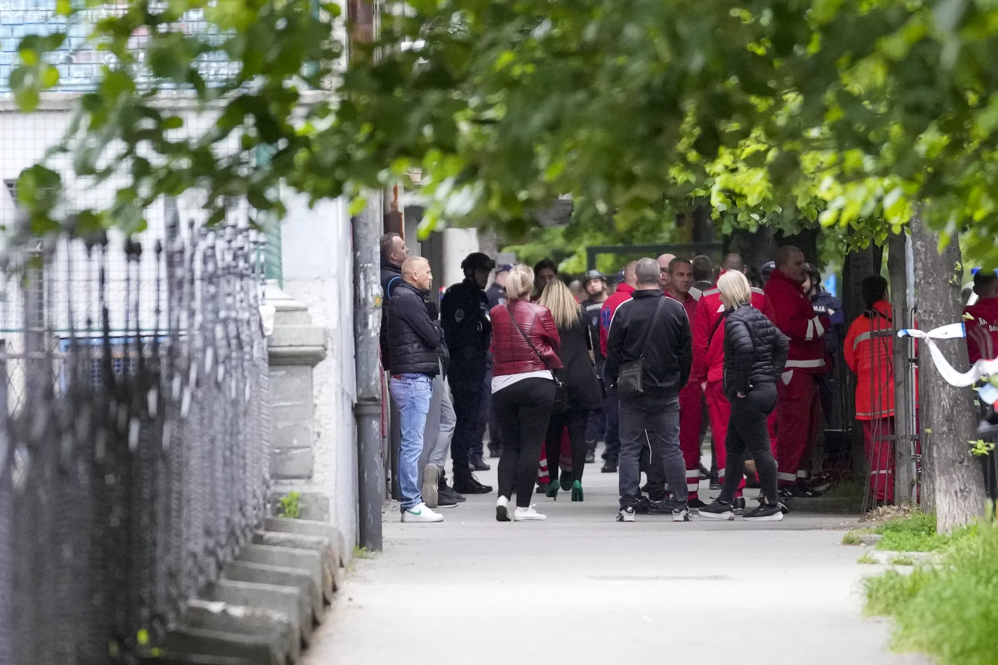 Police and medics outside the Vladislav Ribnikar school in Belgrade, Serbia.