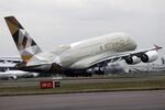 An Airbus SAS A380 passenger aircraft, operated by Etihad Airways PJSC, takes off at London Heathrow airport in London, U.K., on Friday, Oct. 7, 2016.
