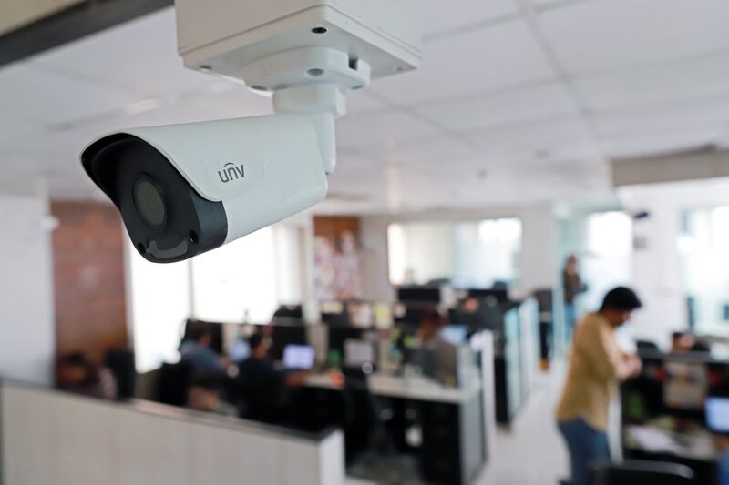 A CCTV camera installed for facial recognition is pictured in the office of Staqu's at its headquarters in Gurugram, Haryana, on the outskirts of New Delhi, India