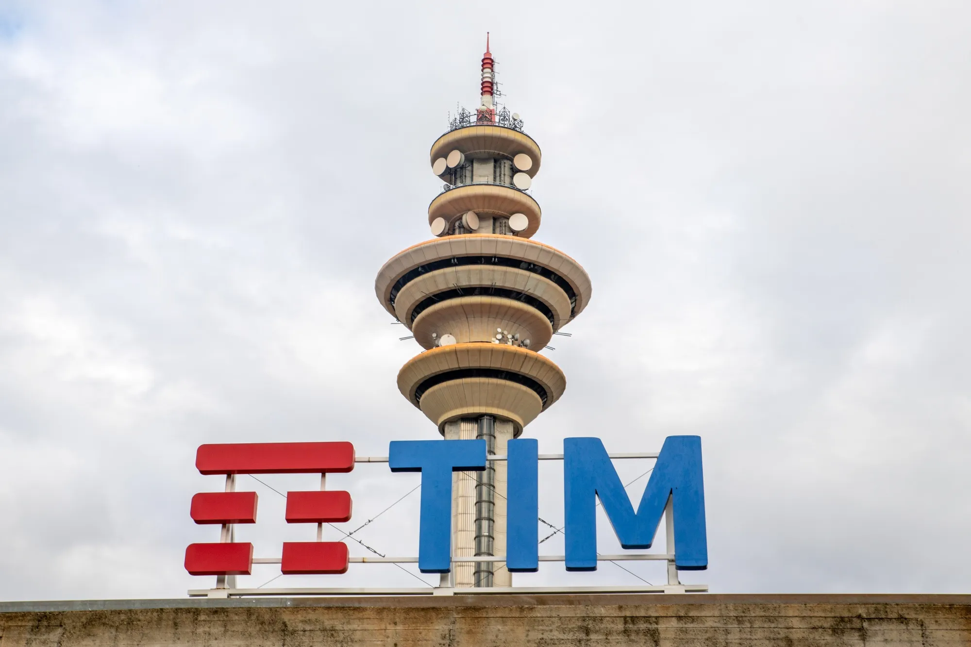 A television communications tower inside the headquarters of Telecom Italia SpA in Rozzano, Italy.