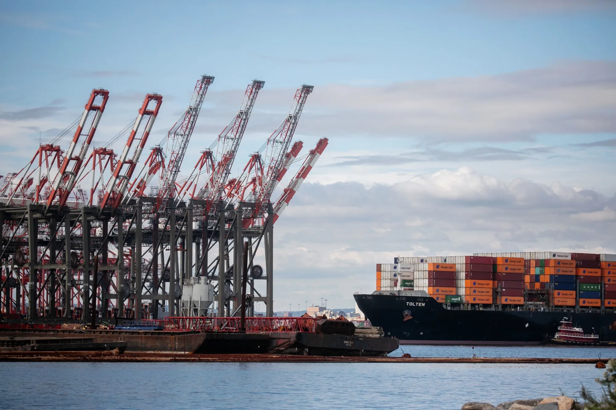 A container ship leaves the Port of Newark in Elizabeth, New Jersey.