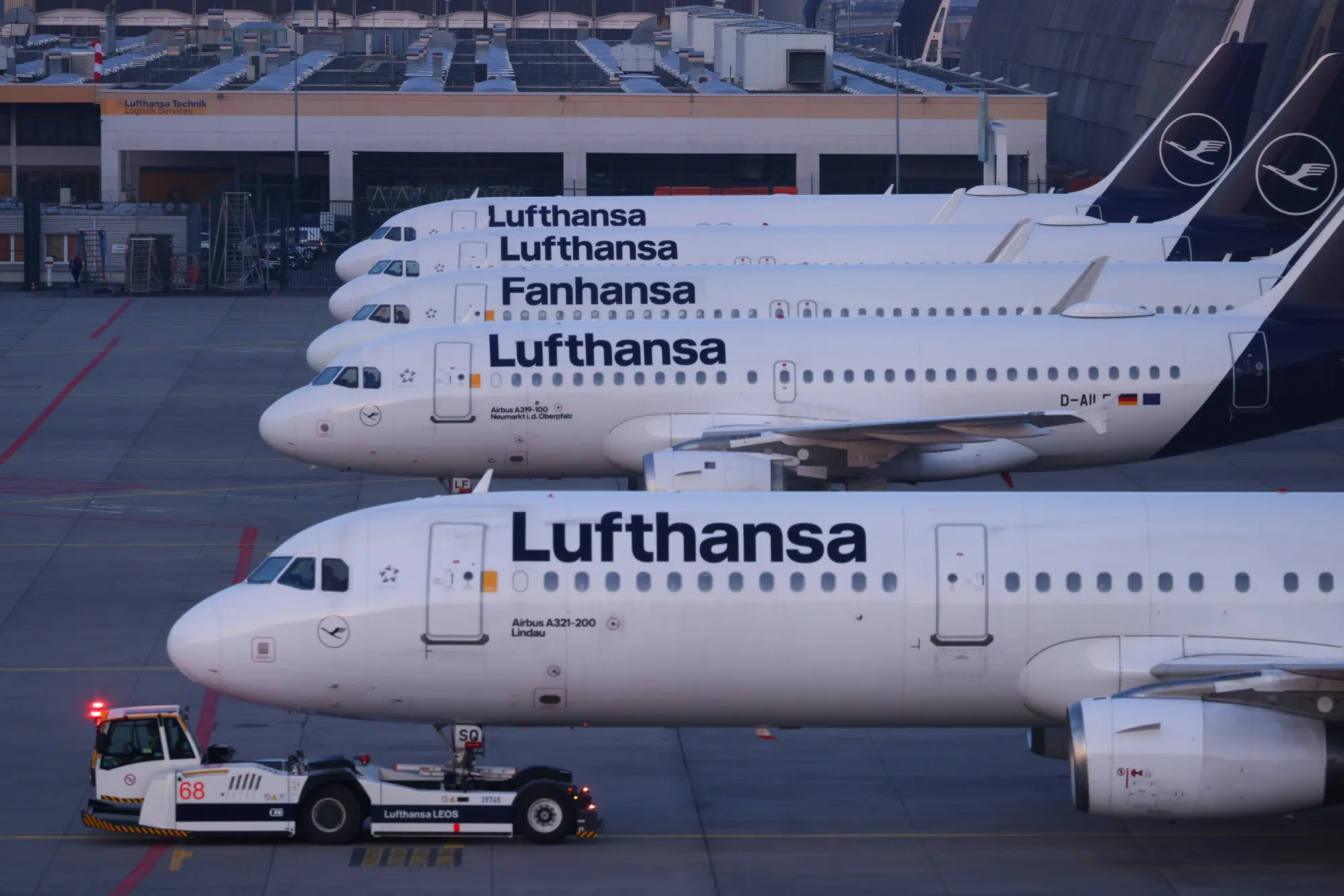 Deutsche Lufthansa aircraft on the tarmac at Frankfurt Airport.