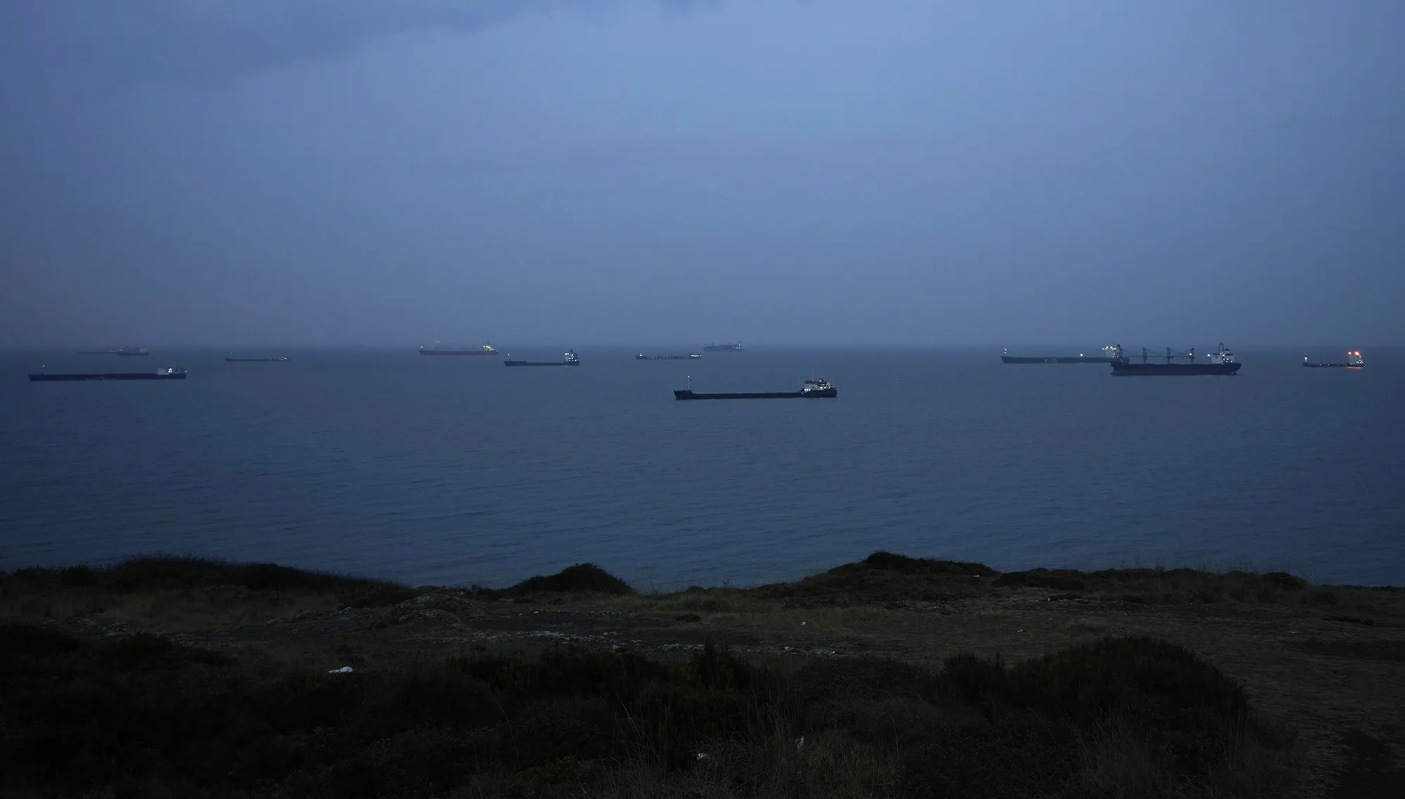 Ships anchor at the Black Sea wait to cross the Bosporus strait in Istanbul, on Nov. 17, 2022.&nbsp;