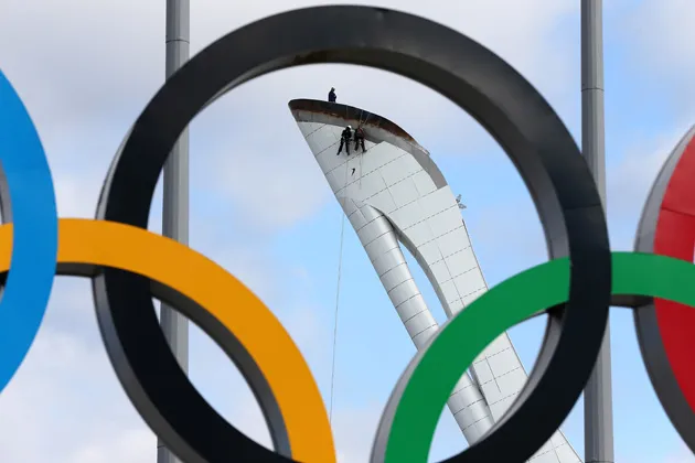 Workers prepare the Olympic cauldron ahead of the Sochi 2014 Winter Olympics on Feb. 2, 2014