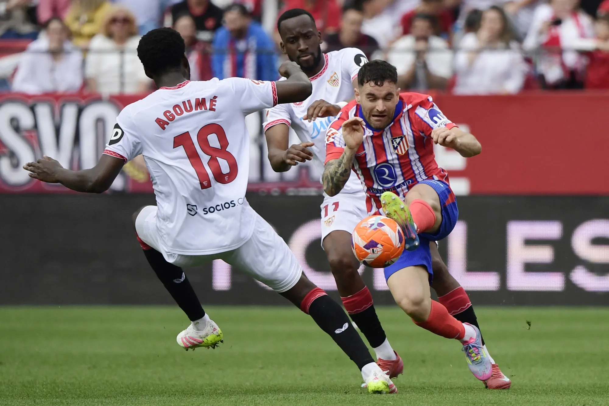 &nbsp;

Atletico Madrid's Javi Galan fight for the ball during a match between Sevilla FC and Club Atletico de Madrid&nbsp;in Seville, Spain, on April 6.