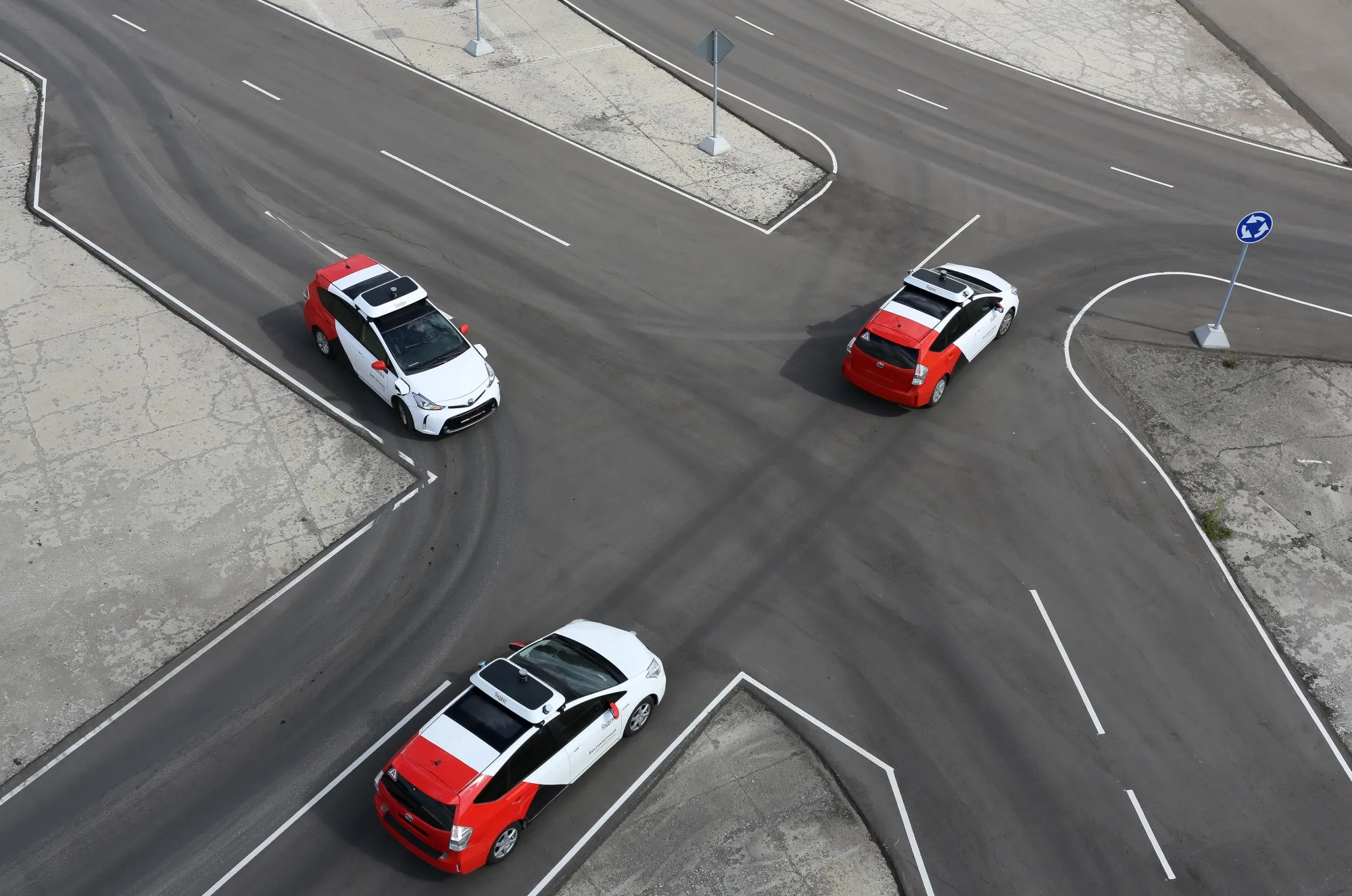 Driverless Toyota&nbsp;Prius hybrid cars, operated by Yandex.Taxi, part of Yandex.NV, take part in a self-driving taxi trial on a test track&nbsp;near Moscow.