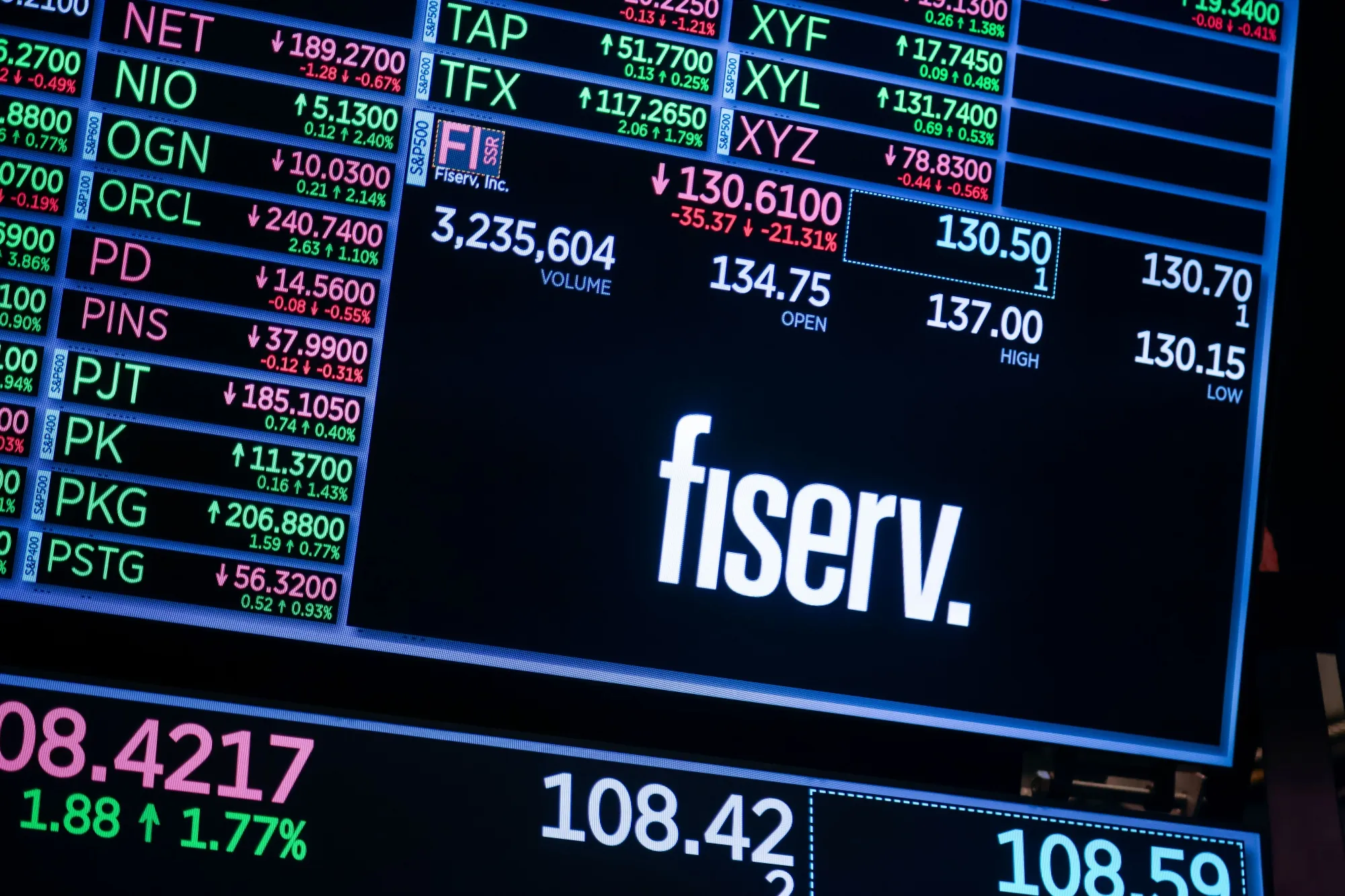 Fiserv Inc. signage on the floor of the New York Stock Exchange on July 23.