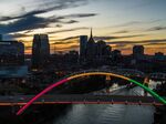 The Korean War Veterans Memorial Bridge with the Nashville skyline as backdrop. On October 14, the city lit the bridge in Kurdish flag colors as a show of support for the city's large Kurdish community in the wake of Trump's announcement to change military presence in Syria.