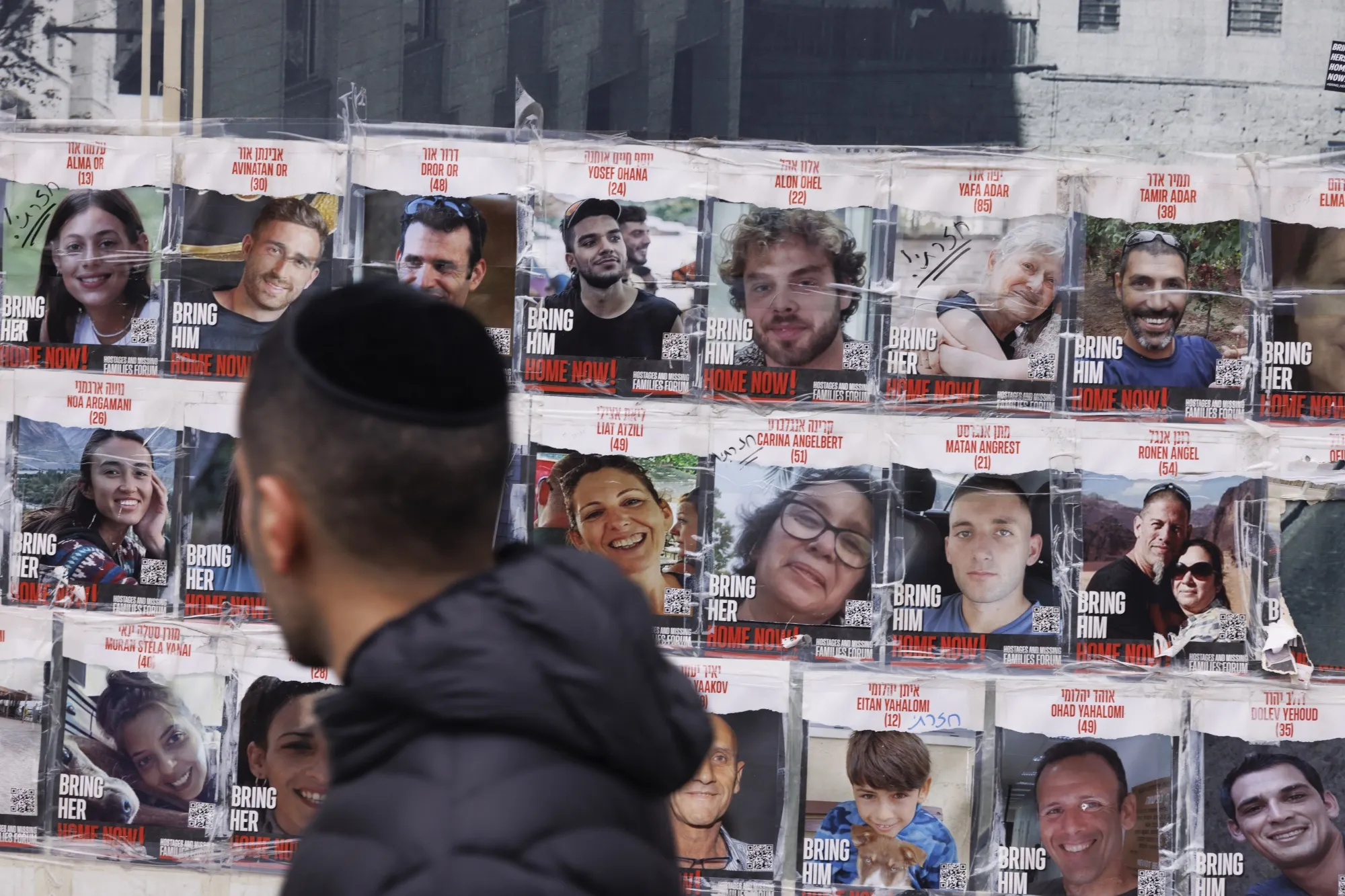 Posters of Israeli hostages in Jerusalem, Israel.