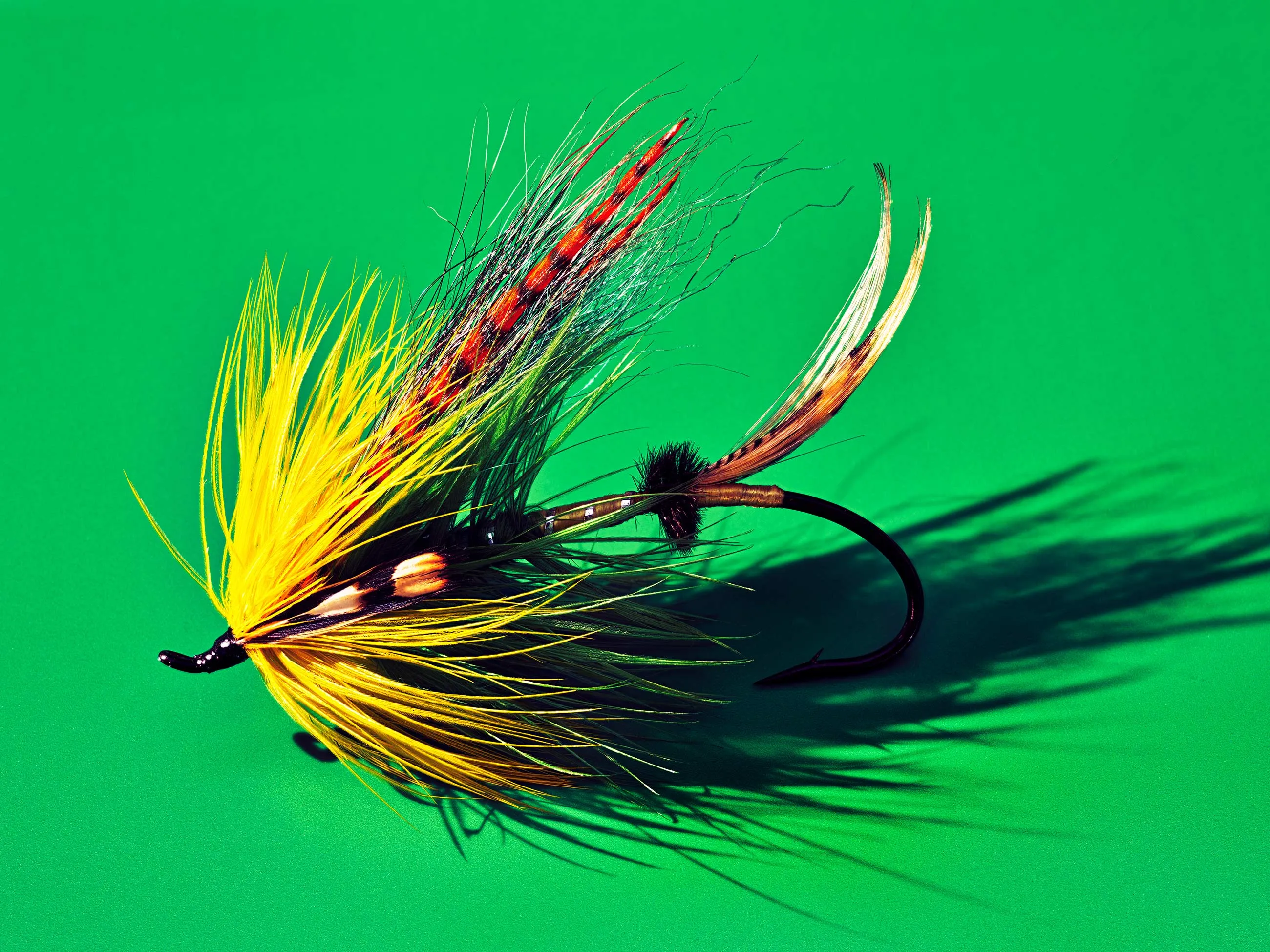 This Green Highlander Hairwing has 13 pieces and&nbsp;$5 worth of material, takes two hours to make, and will never touch the water.