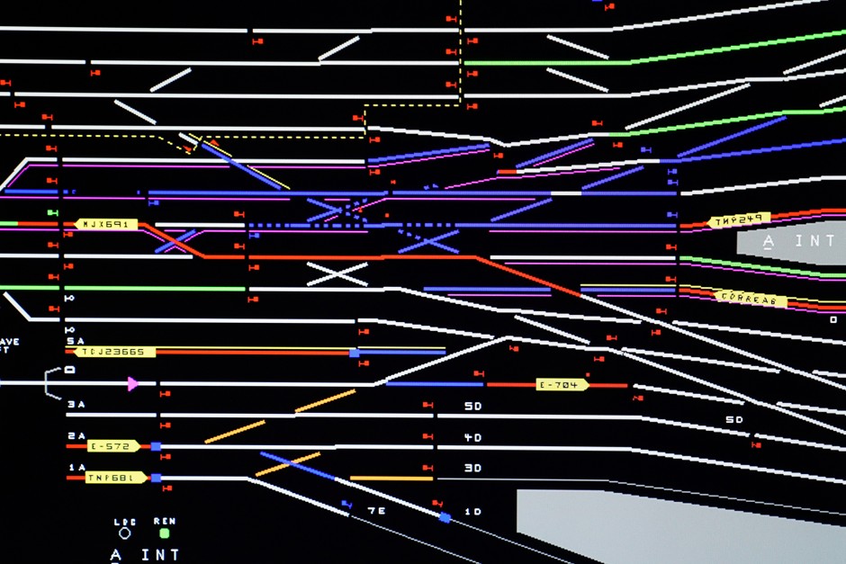 A computer screen showing different tracks at the Penn Station Control Room for Amtrak. 