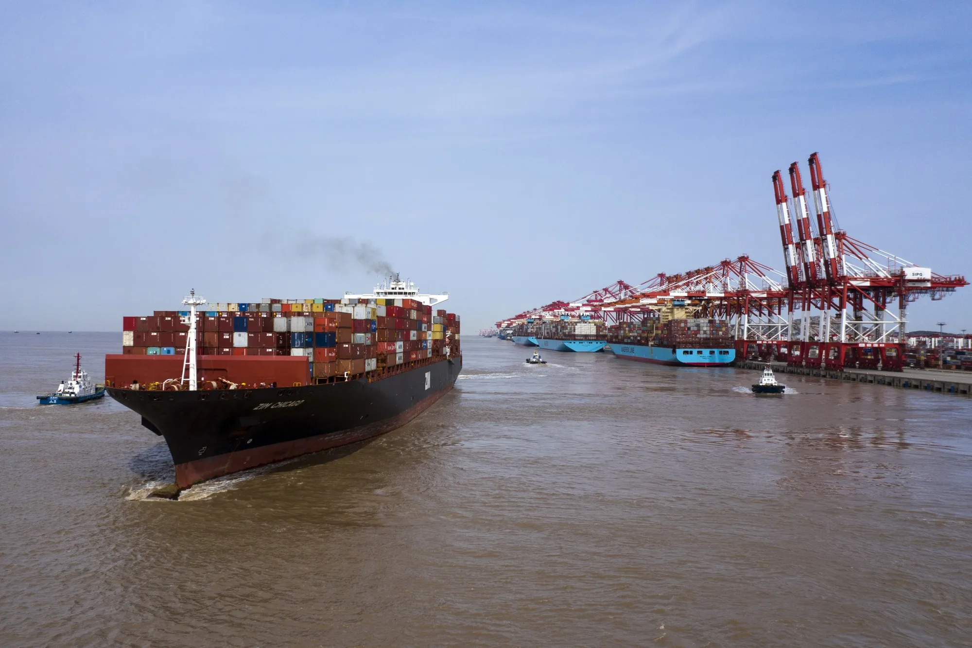 A&nbsp;container ship sails out of the Yangshan Deepwater Port in Shanghai.