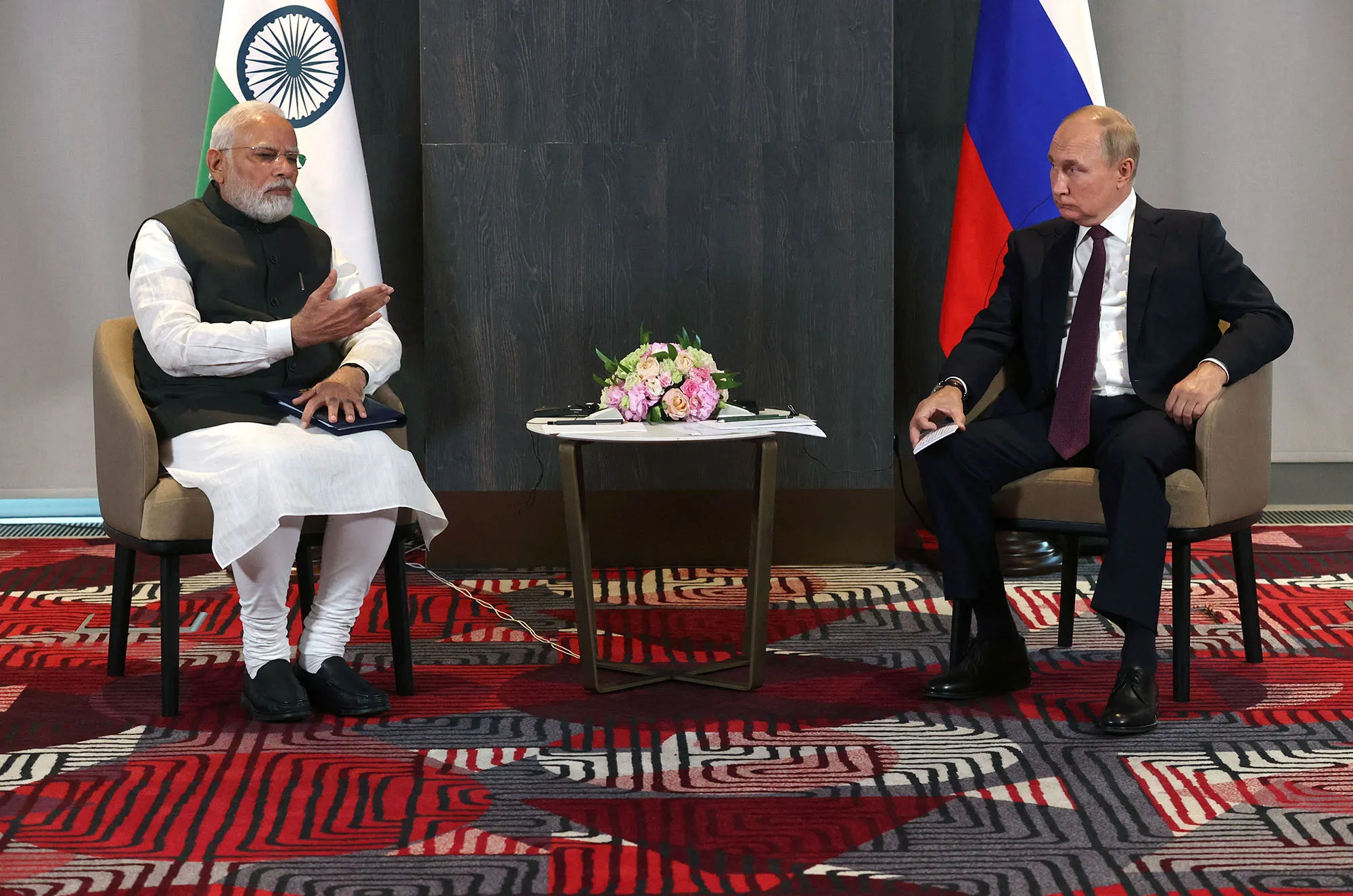 Narendra Modi and Vladimir Putin meet in Samarkand, Uzbekistan on Sept. 16.