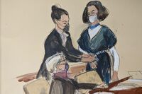 Ghislaine Maxwell faces attorney Bobbi Sternheim while a U.S. marshal removes her shackles in this courtroom sketch, on Nov. 1. 