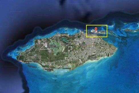 This Google Earth photo shows the western end of the 3 ½-mile-long Paradise Island, where Kilkee House is among the few remaining residences on the flourishing resort island, which is still accessible only by boat.