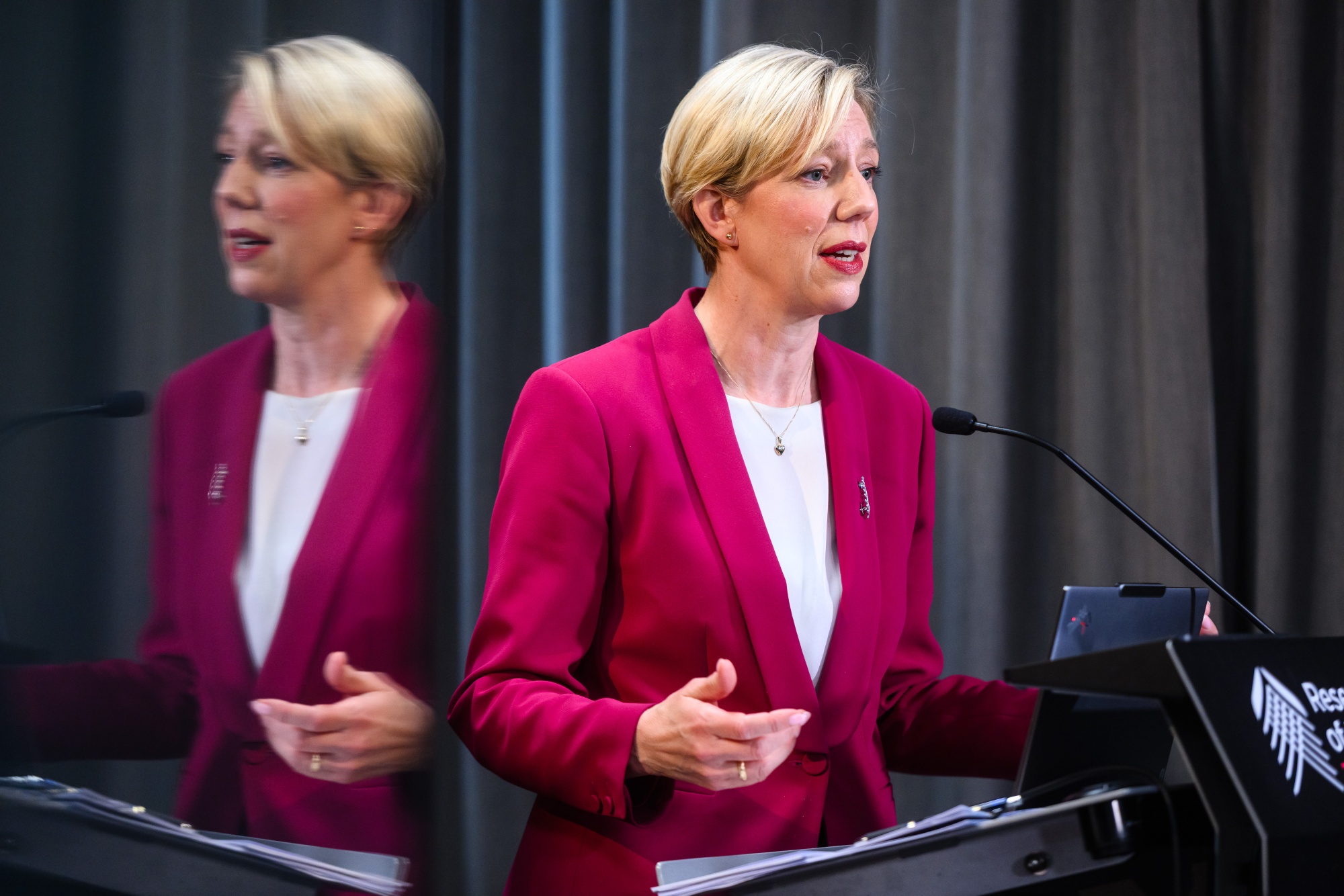 Anna Breman, governor of the Reserve Bank of New Zealand (RBNZ), speaks during a news conference in Wellington, New Zealand, on Wednesday, Feb. 18, 2026. New Zealand's central bank held interest rates at the lowest level in 3-1/2 years and expects them to remain there for a period while the economy regathers momentum. Photographer: Mark Coote/Bloomberg