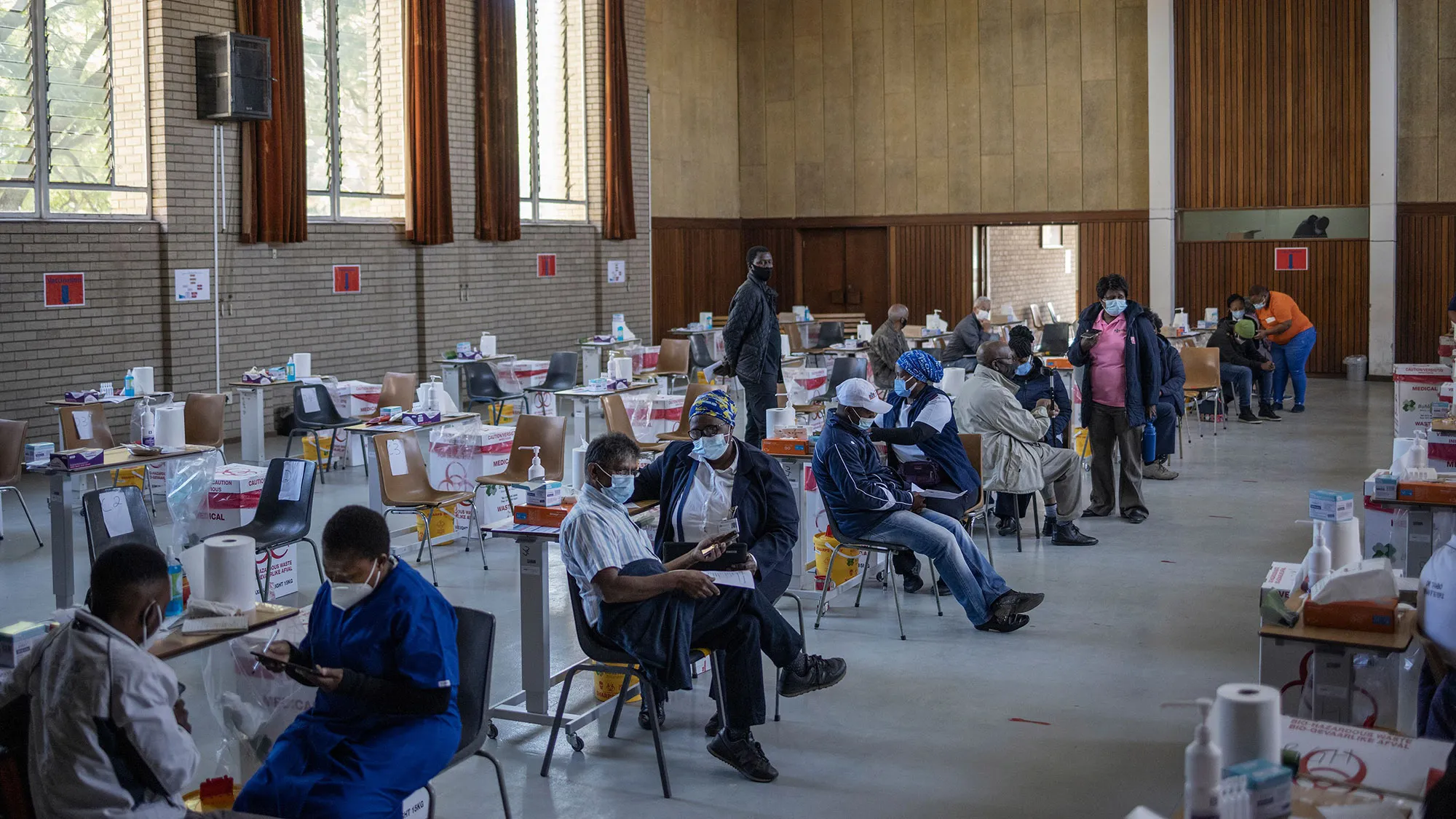Health care workers register people ahead of vaccinating them at the Bertha Gxowa Hospital in Germiston, South Africa on May 17.