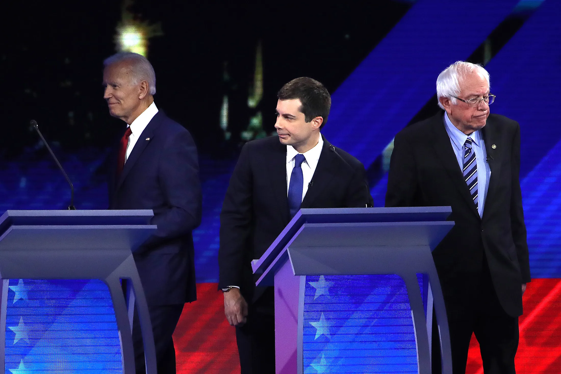 Joe Biden, from left, Pete Buttigieg, and Bernie Sanders at a Democratic Presidential Debate on Sept. 12.