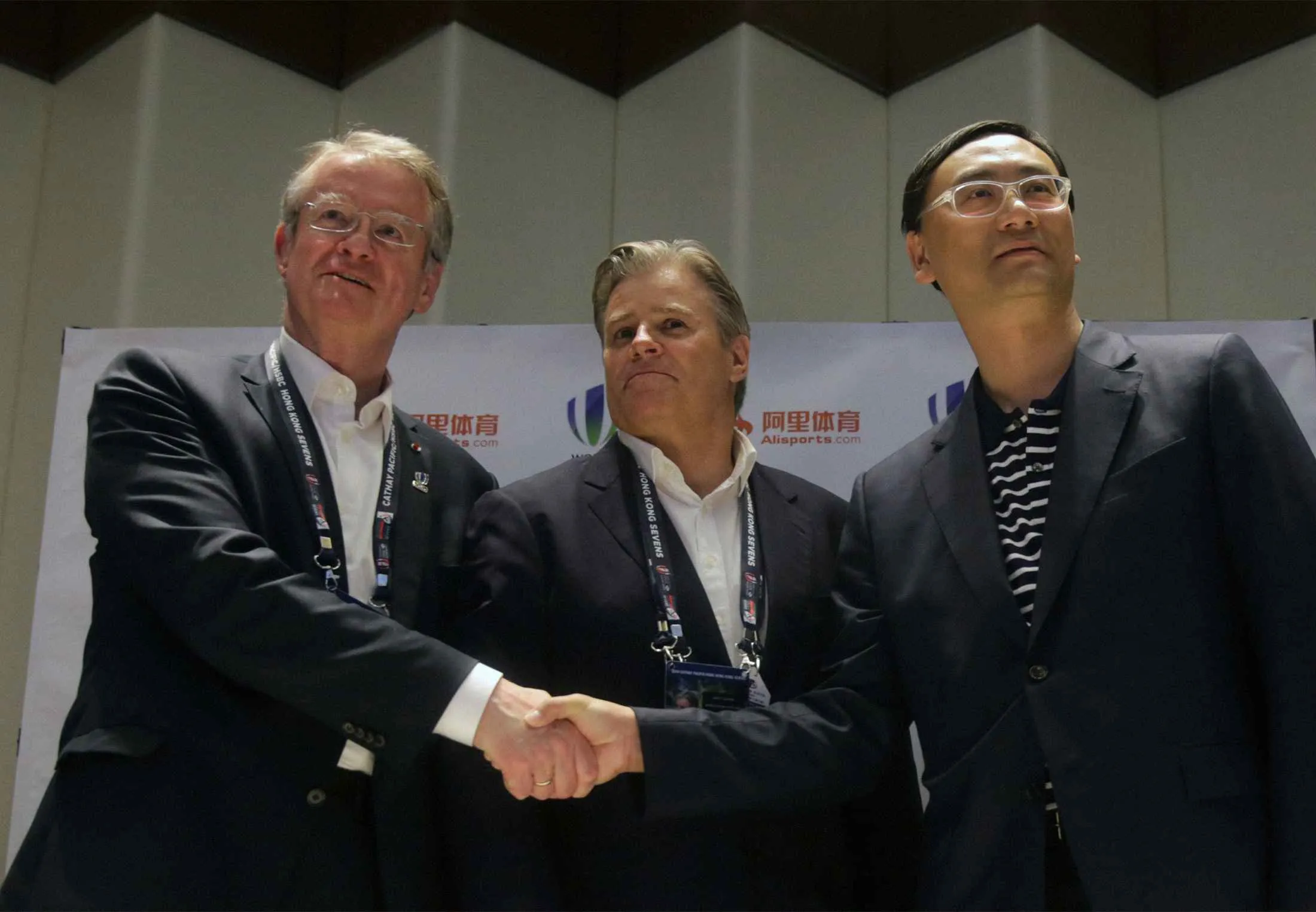 From left:&nbsp;Bernard Lapasset, chairman of World Rugby, Brett Gosper, CEO of World Rugby, and Dazhong Zhang of Alisports&nbsp;after signing a partnership to see development of rugby in China.
