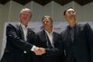 From left:&nbsp;Bernard Lapasset, chairman of World Rugby, Brett Gosper, CEO of World Rugby, and Dazhong Zhang of Alisports&nbsp;after signing a partnership to see development of rugby in China.
