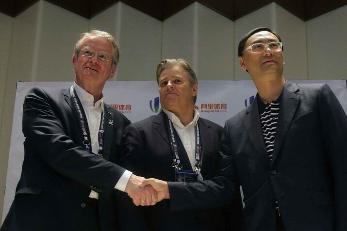 From left:&nbsp;Bernard Lapasset, chairman of World Rugby, Brett Gosper, CEO of World Rugby, and Dazhong Zhang of Alisports&nbsp;after signing a partnership to see development of rugby in China.
