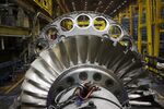 A gas turbine sits on the assembly line at the General Electric Co. (GE) energy plant.