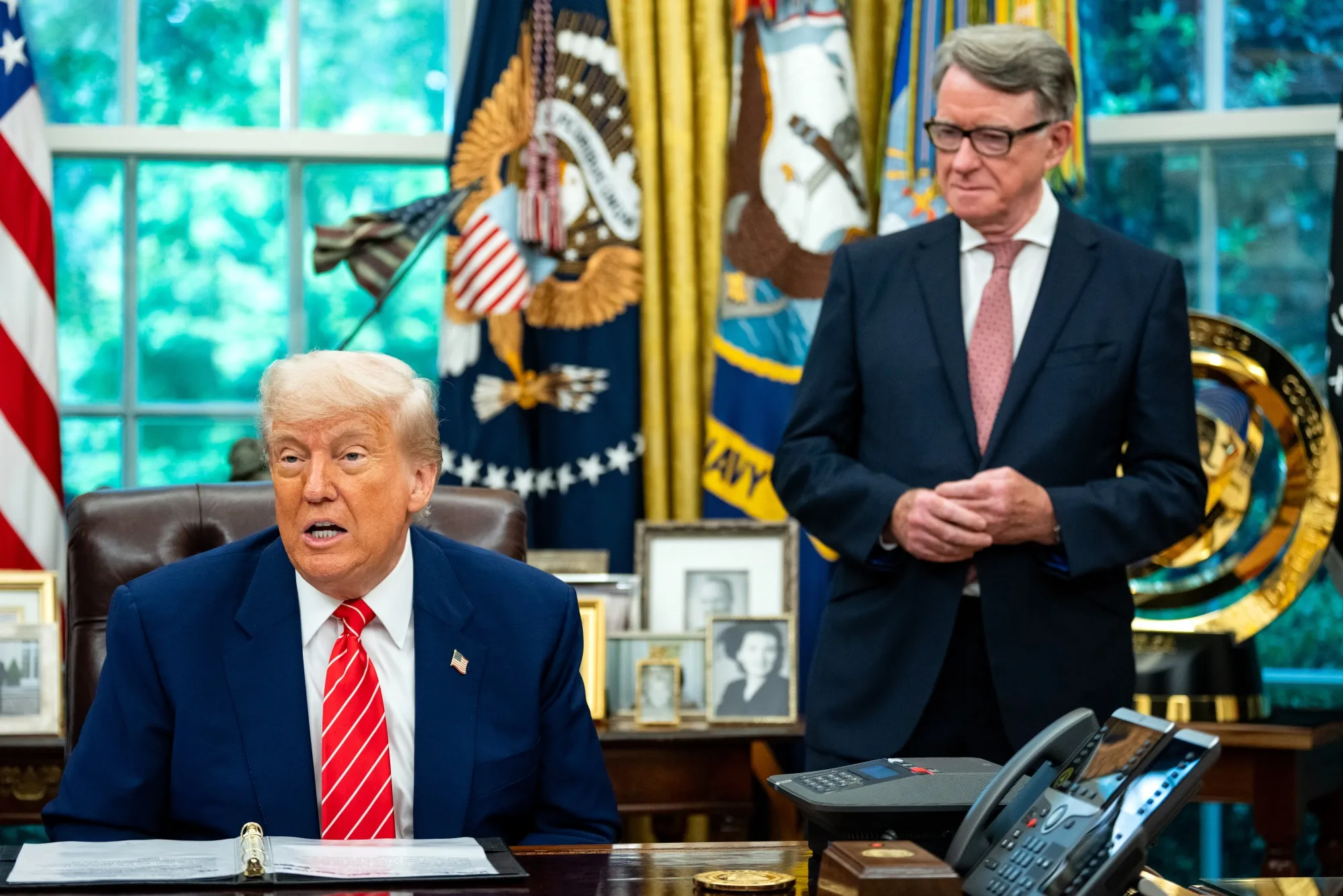 President Donald Trump and Peter Mandelson in the Oval Office on Thursday, May 8, 2025.
