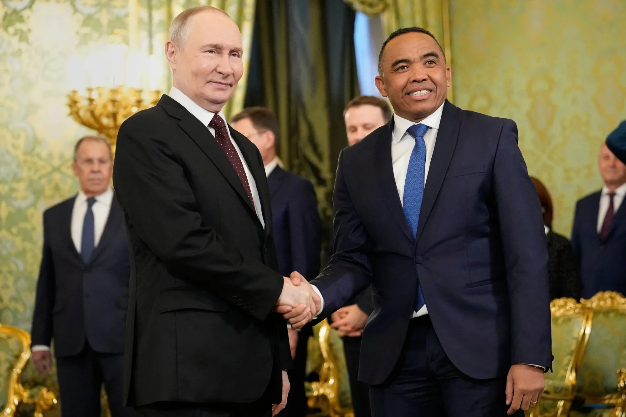 Putin and Madagascar's President Michael Randrianirina at the Grand Kremlin Palace in Moscow on Feb. 19.