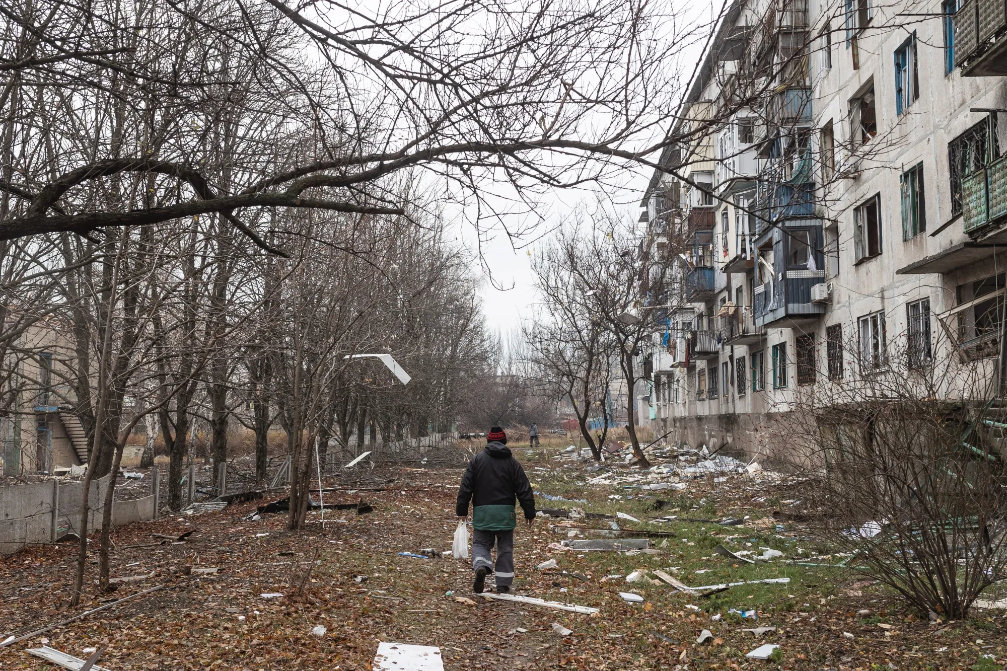 A resident walks through the rubble of a damaged building after a Russian attack on Kostiantynivka, Ukraine, on November 22, 2024.
