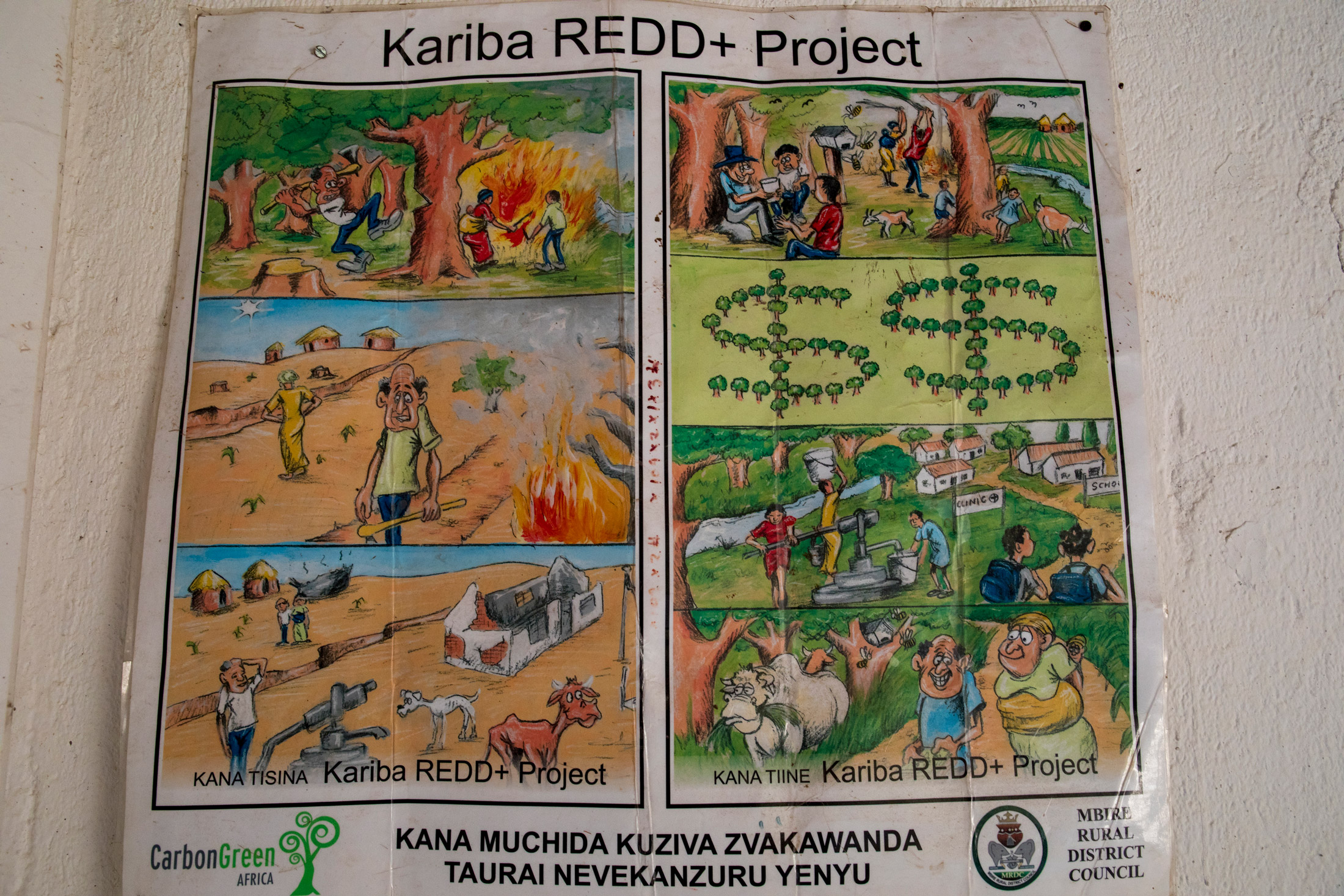 Posters advertising local REDD+ projects line the office walls of Tarcisius Mahuni, who runs the local district council.