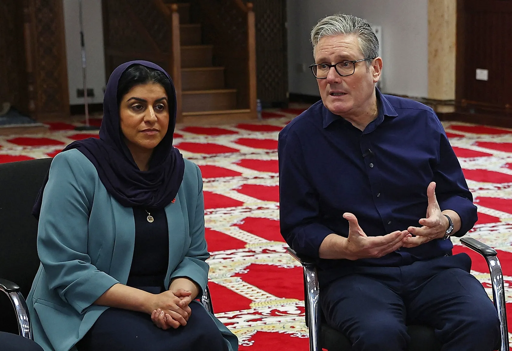 Britain's Home Secretary Shabana Mahmood and Prime Minister Keir Starmer during a visit to Peacehaven Mosque near Brighton, England on Oct. 23.