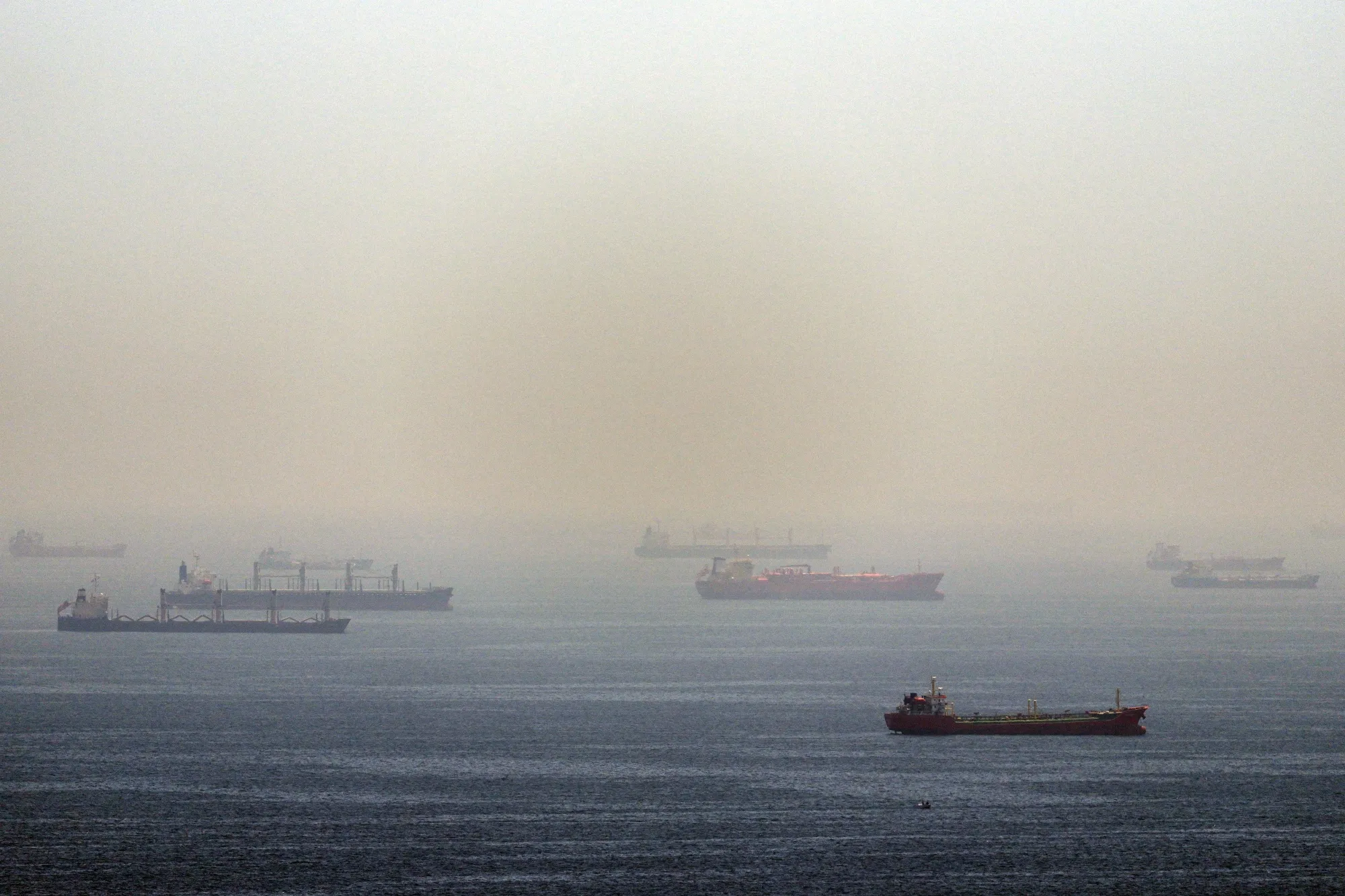 Tankers anchored in the Strait of Hormuz on&nbsp;April 18.