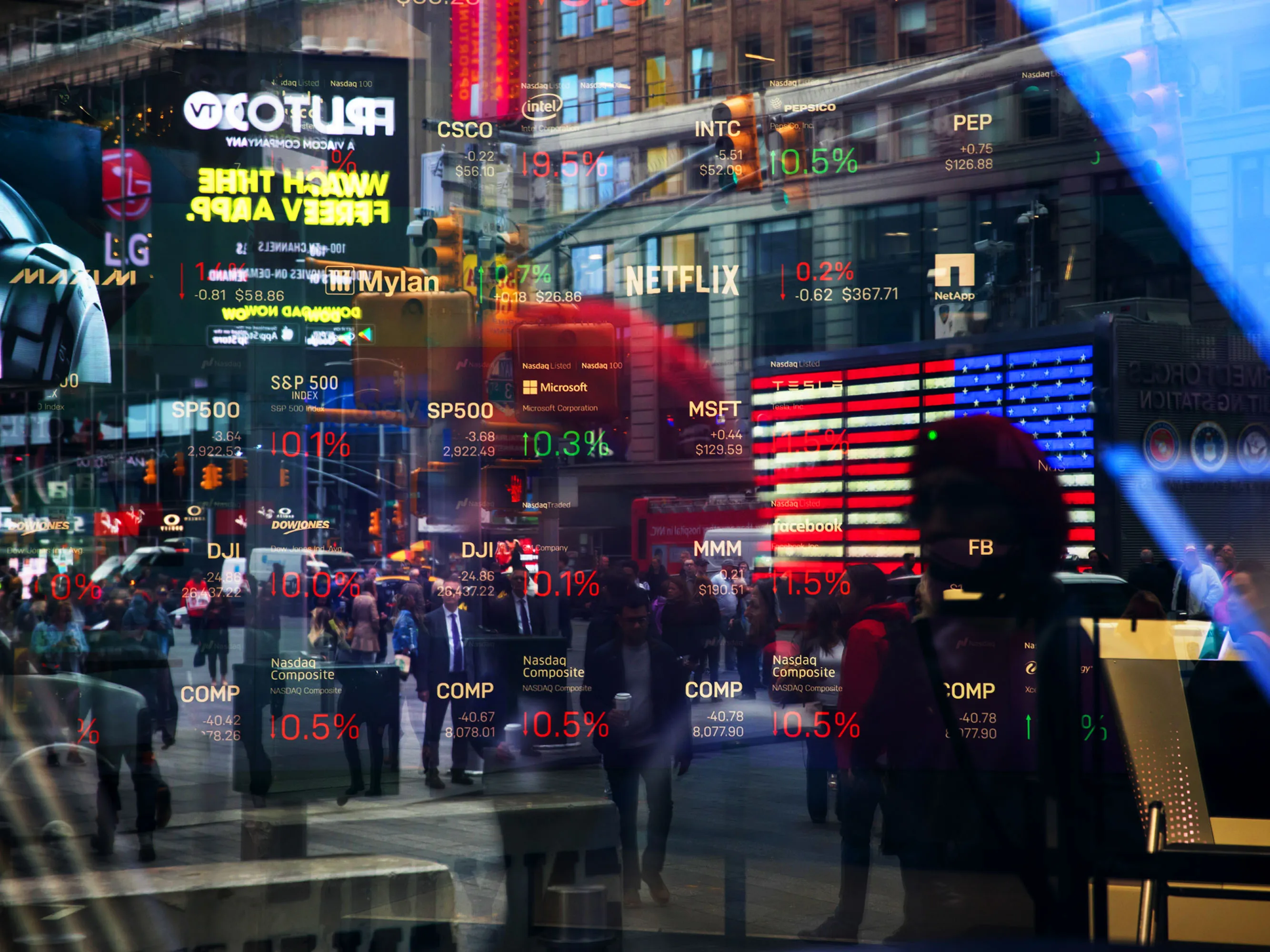 Monitors display stock market information as pedestrians are reflected in a window at the Nasdaq MarketSite in the Times Square area of New York, U.S., on Friday, April 26, 2019.