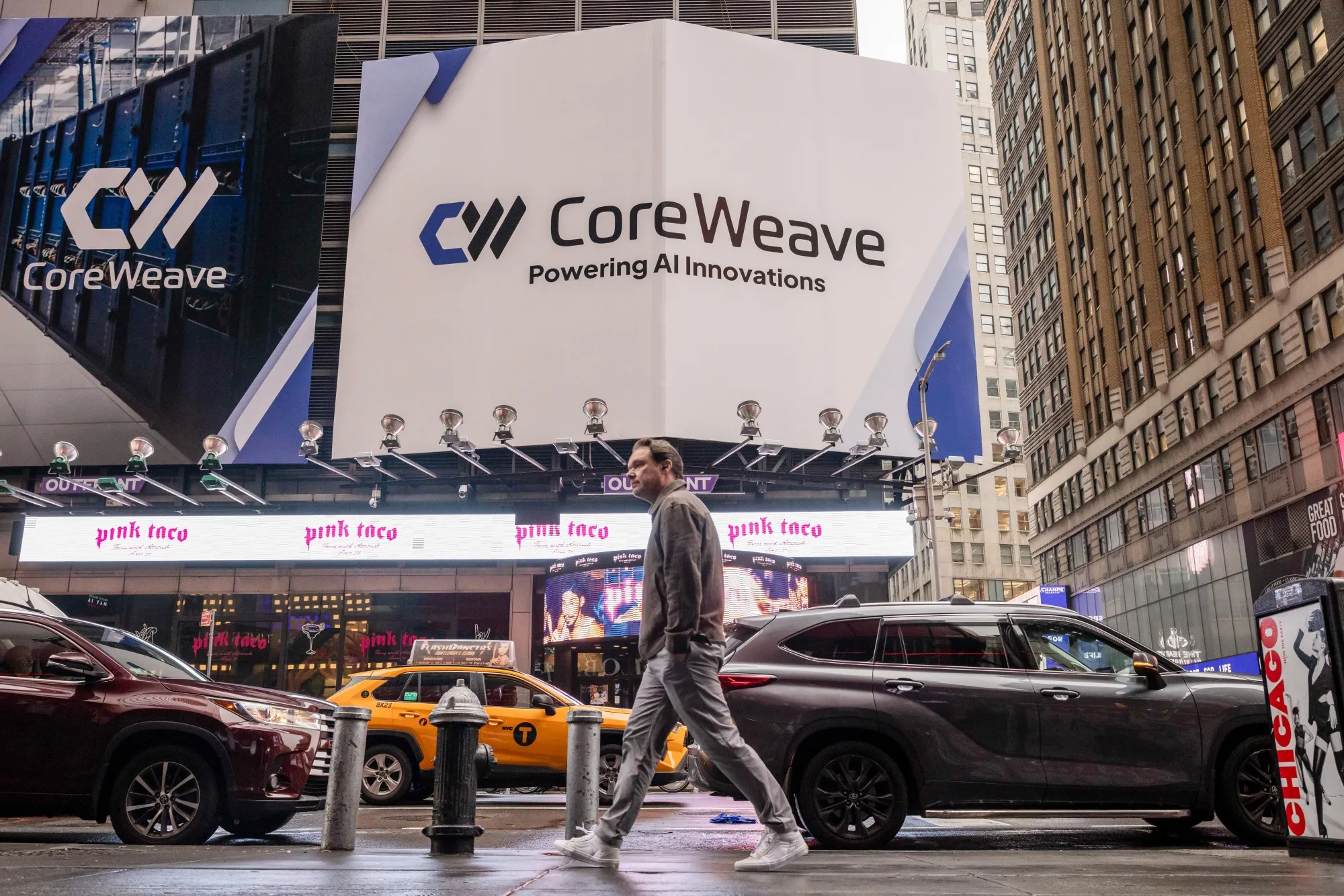 CoreWeave Inc. signage in Times Square in New York.