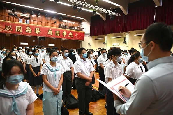 A teacher takes attendance during Hong Kong’s first National Security Education Day in April.