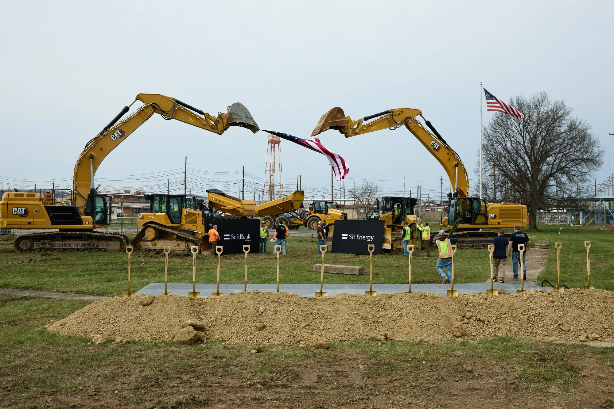 Shovels staged in a pile of dirt before a groundbreaking ceremony at the Portsmouth Site in Piketon, Ohio, US, on Friday, March 20, 2026.
