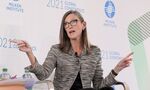 Catherine Wood, chief executive officer of ARK Investment Management LLC, speaks during the Milken Institute Global Conference in Beverly Hills, California, U.S., on Tuesday, Oct. 19, 2021. 