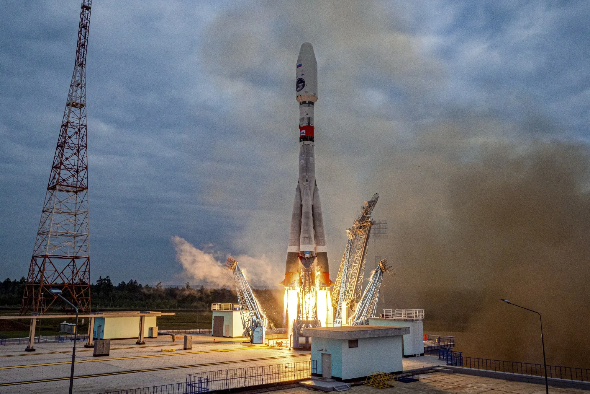In this image made from video released by Roscosmos State Space Corporation, the Soyuz-2.1b rocket with the moon lander Luna-25 automatic station takes off from a launch pad at the Vostochny Cosmodrome in the Russian Far East on Friday, Aug. 11, 2023.&nbsp;
