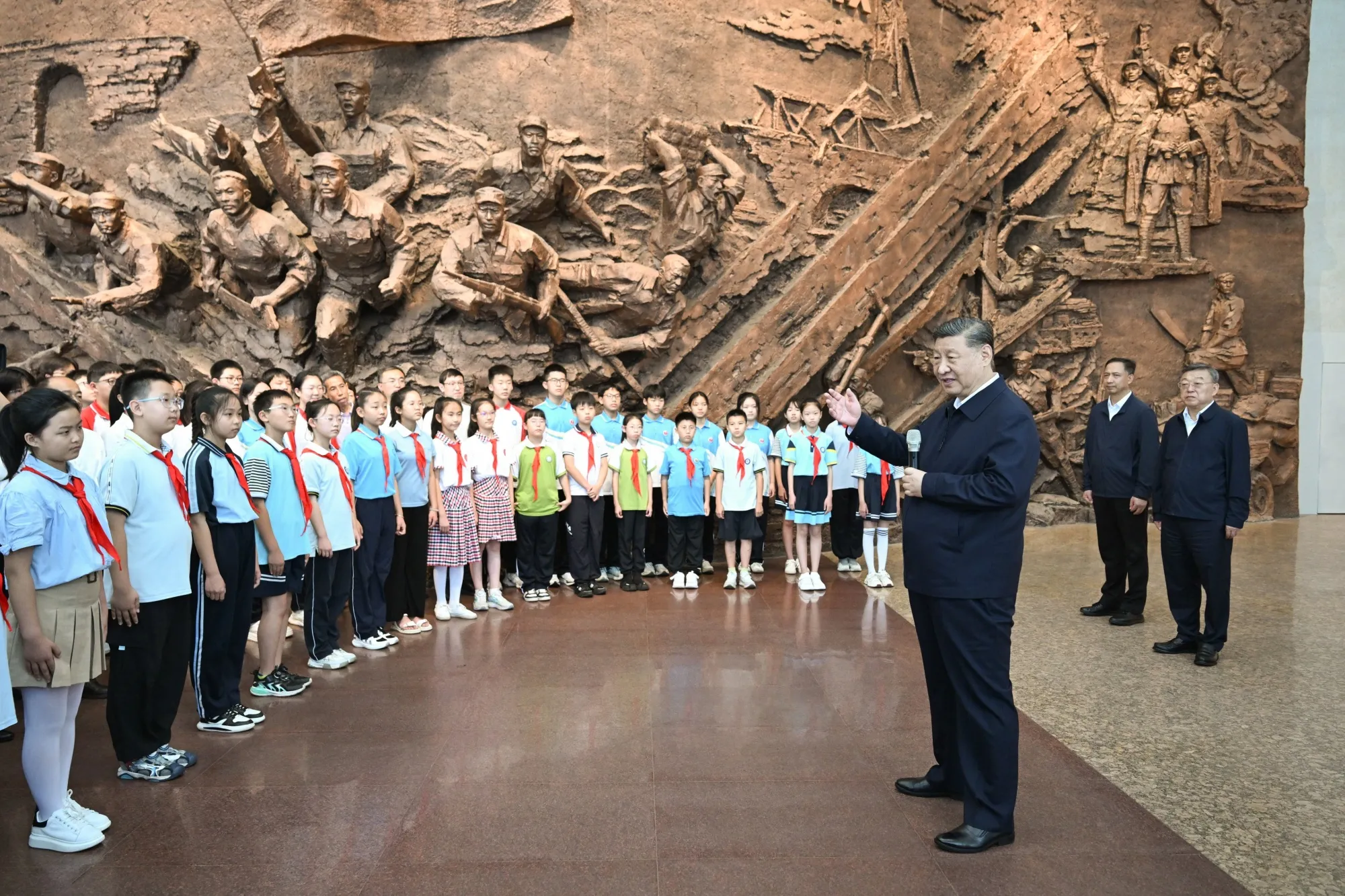 Xi Jinping visits the memorial hall at the site of a landmark 1940 battle against Japan, in Yangquan, Shanxi Province, China, on July 7.