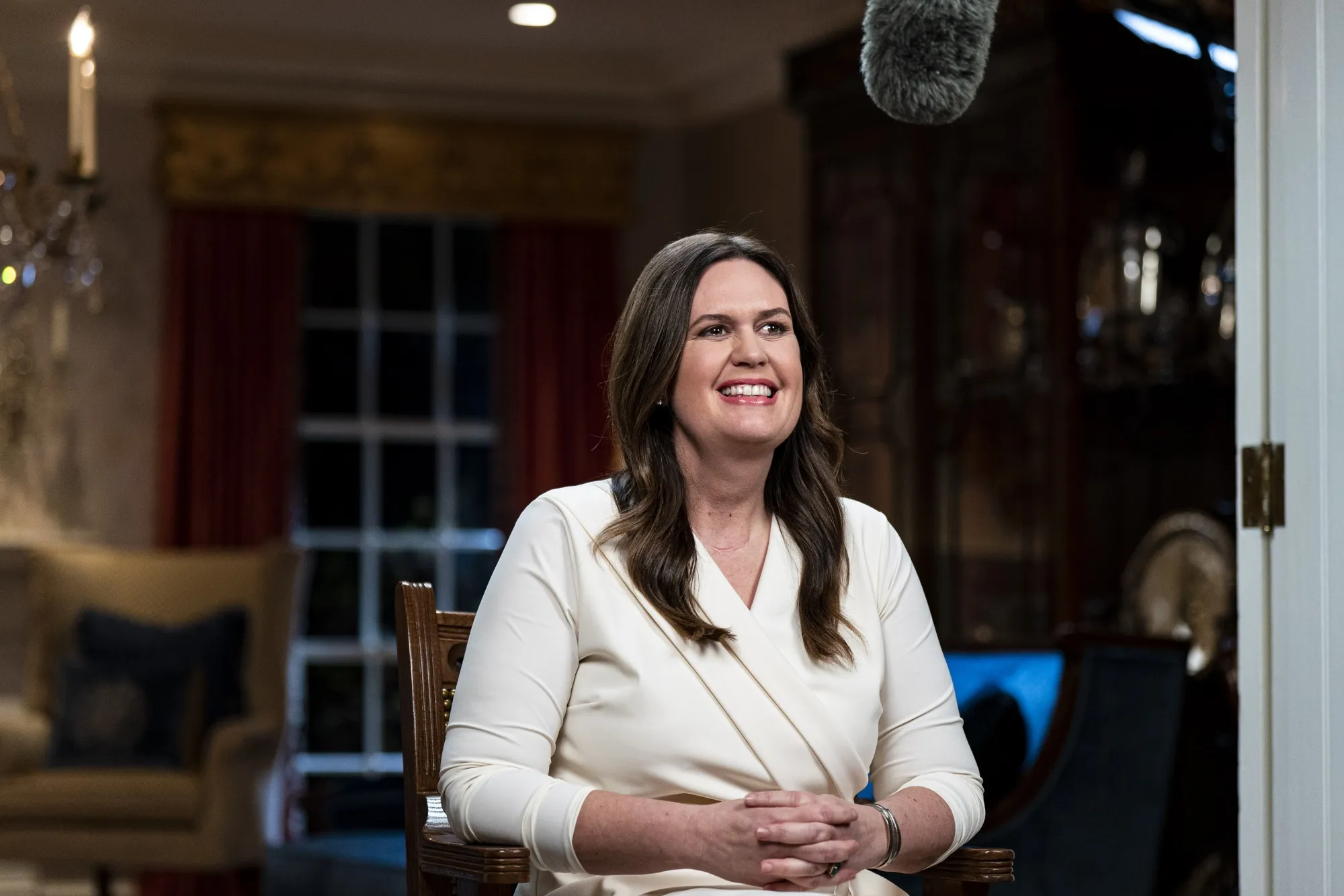 Sarah Sanders speaks while delivering the Republican response to Biden’s State of the Union address in Little Rock, Arkansas, US, on Feb. 7.
