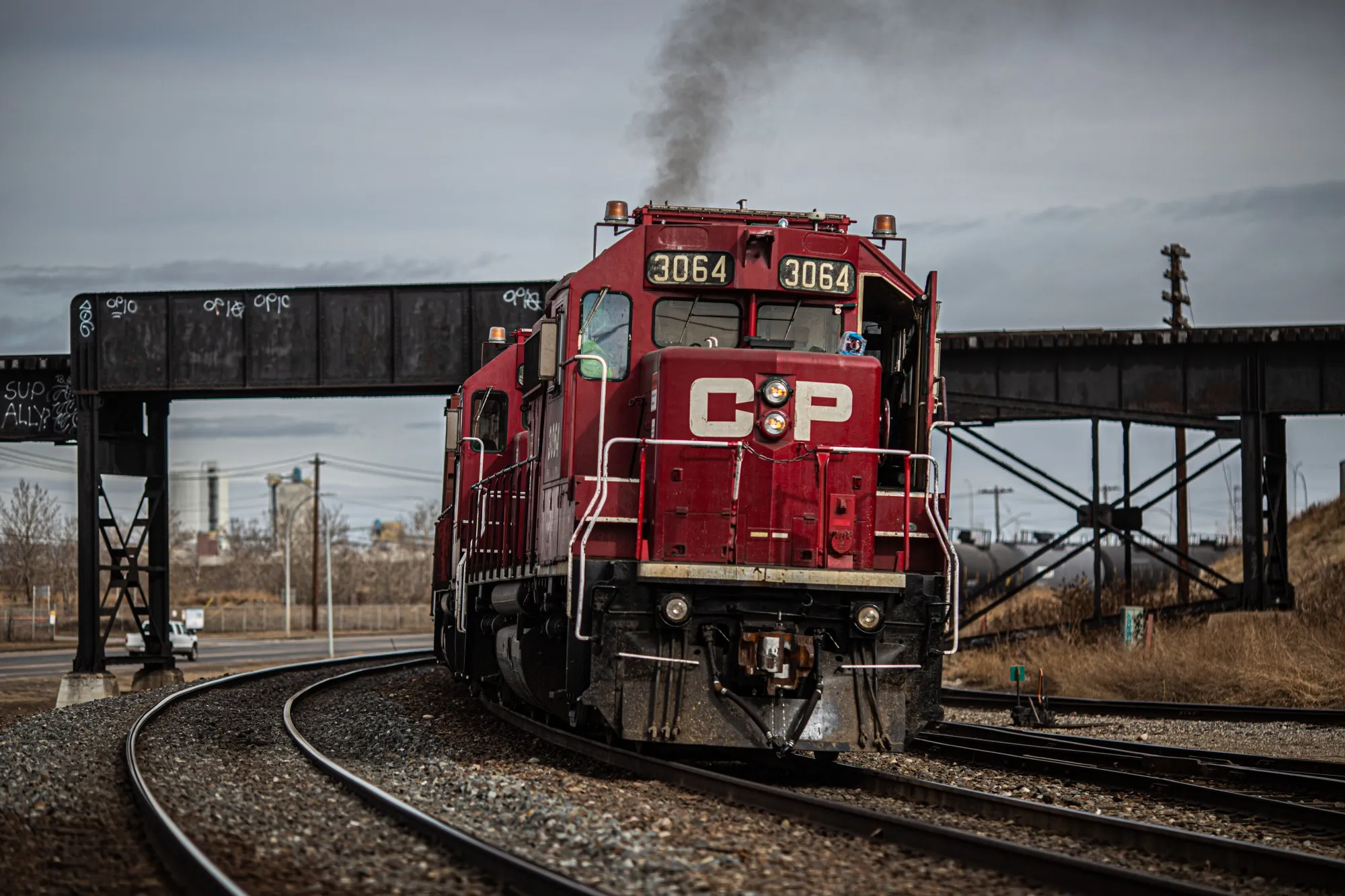 A Canadian Pacific Railway locomotive pulls a train in Calgary, Alberta, Canada.