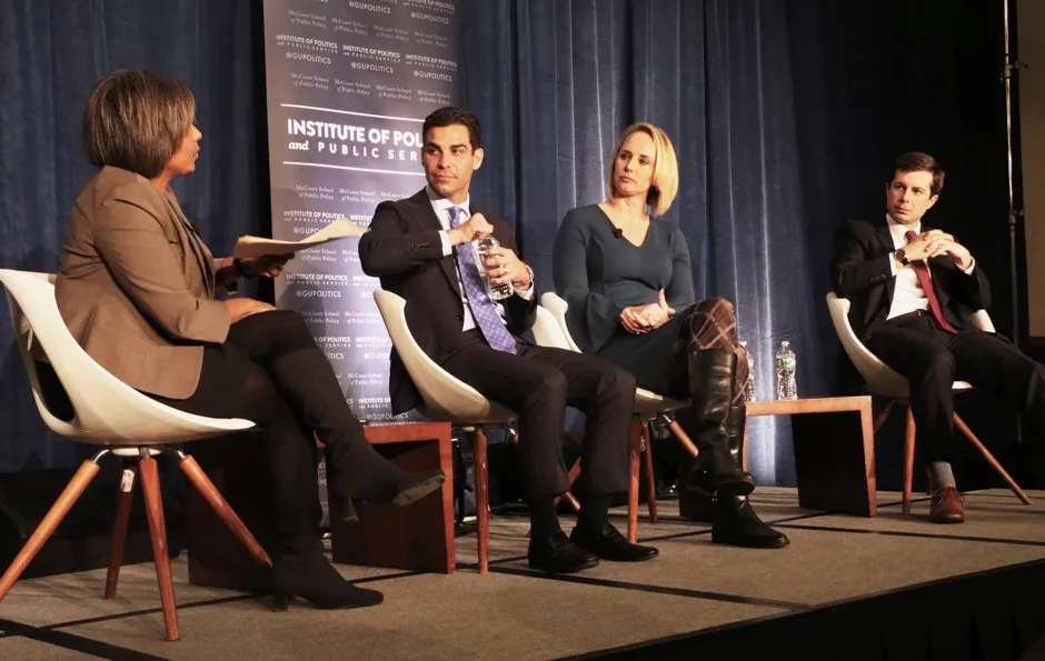 Georgetown professor Sheila Foster moderates a panel including Miami mayor Francis Suarez, Findlay mayor Lydia Mihalik, and South Bend mayor Pete Buttigieg.