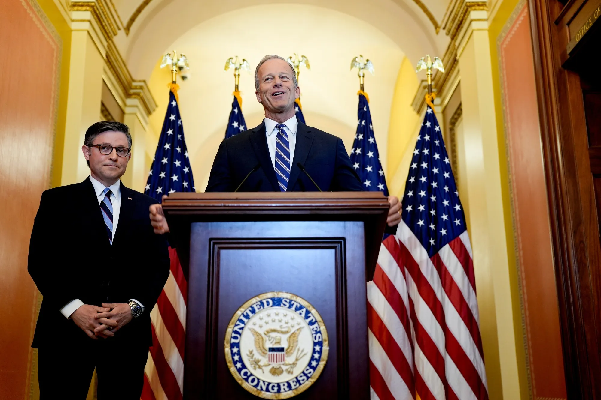 Mike Johnson, left, and John Thune at the US Capitol on April 10.