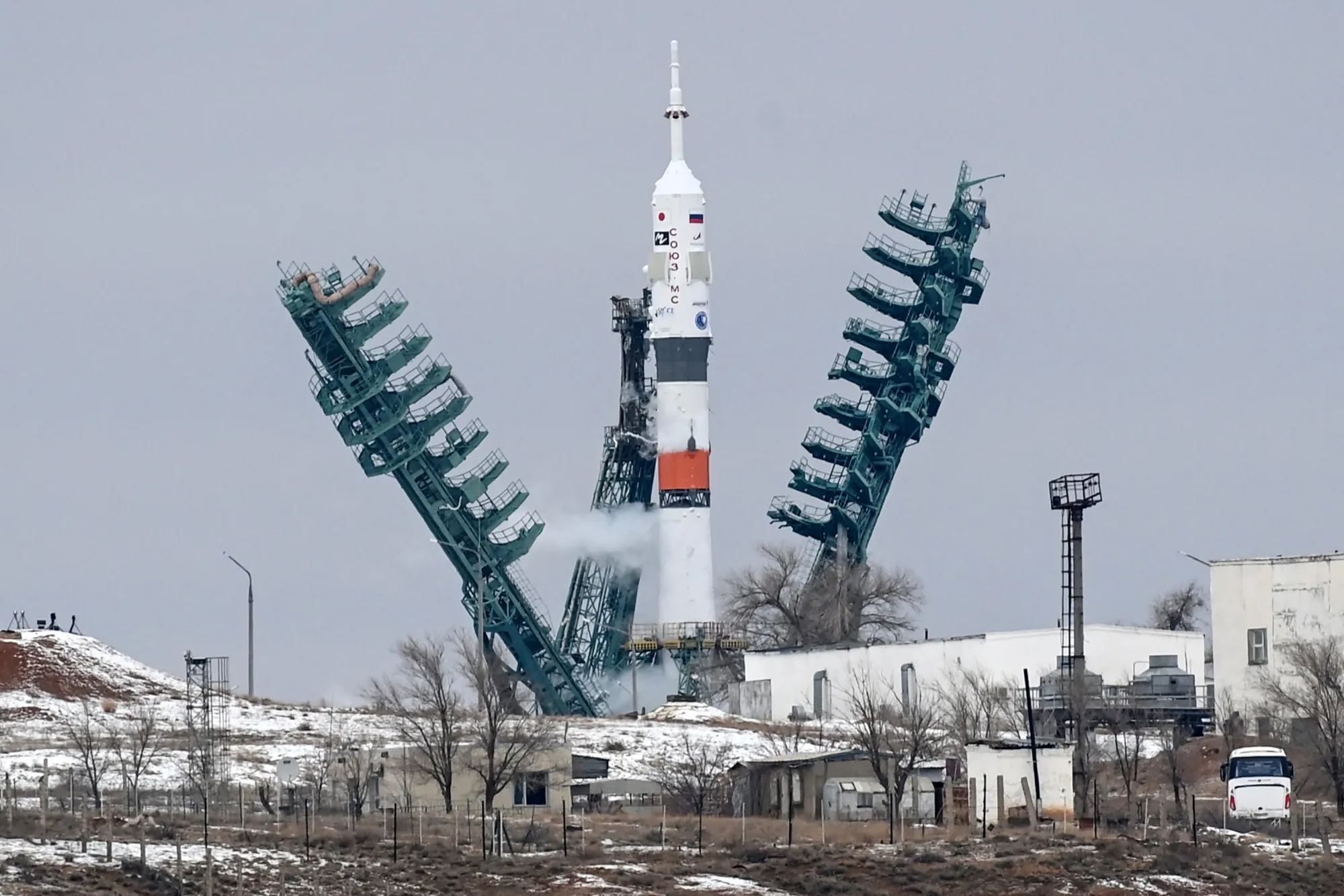 The Soyuz MS-20 rocket&nbsp;shortly before launch&nbsp;at Baikonur cosmodrome in December 2021.